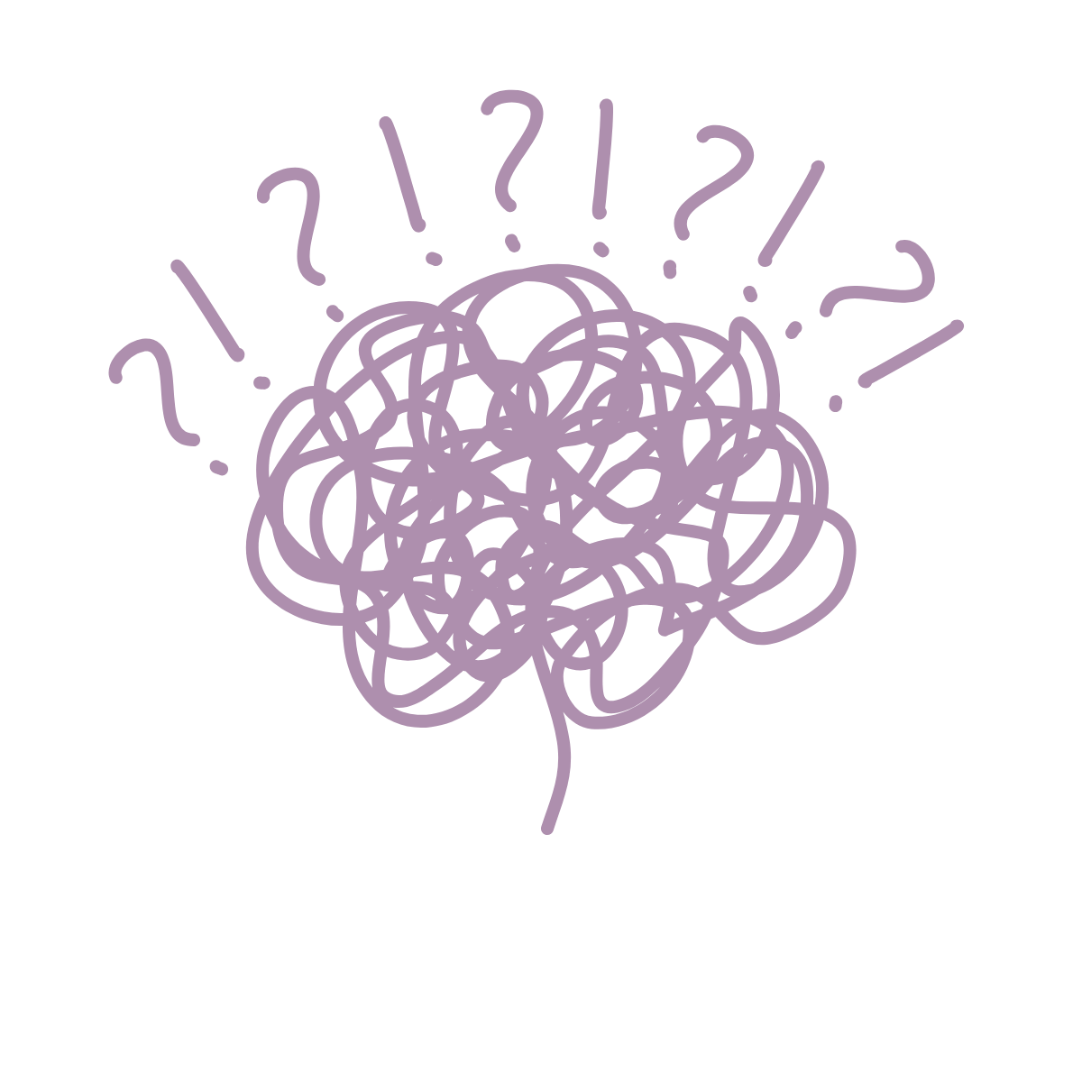 A purple, scribbled tangled line drawing of a brain with various punctuation marks around it, including question marks, exclamation points, and question marks.