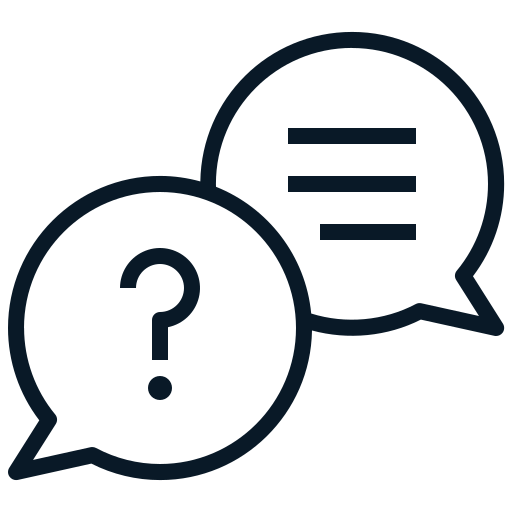 Two overlapping speech bubbles, one with a question mark, symbolizing a question and answer