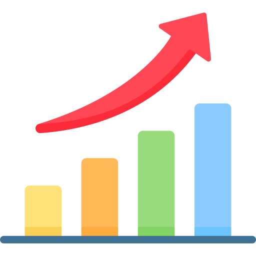 A colorful bar chart with four bars in yellow, orange, green, and blue, increasing in height from left to right, with a red upward-pointing arrow indicating growth.
