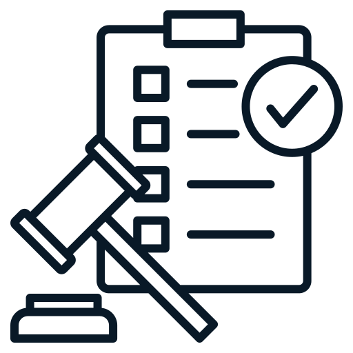 Outline of a checklist, gavel, and judge's stamp icon