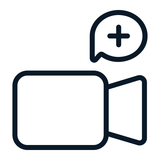 Icon of a video camera with a speech bubble above it containing a plus sign.