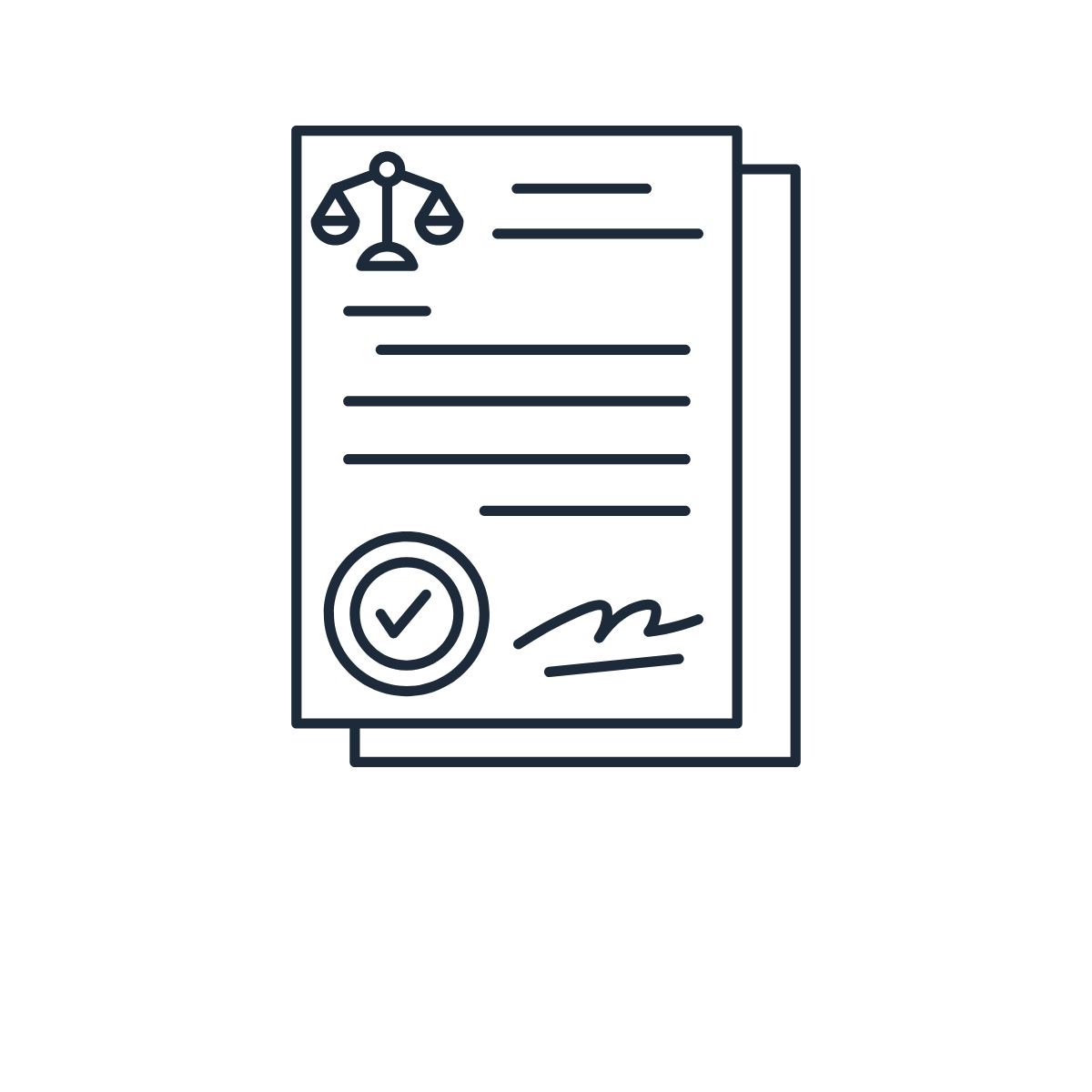 Outline of legal documents with scales of justice icon, a checkmark, and a signature.