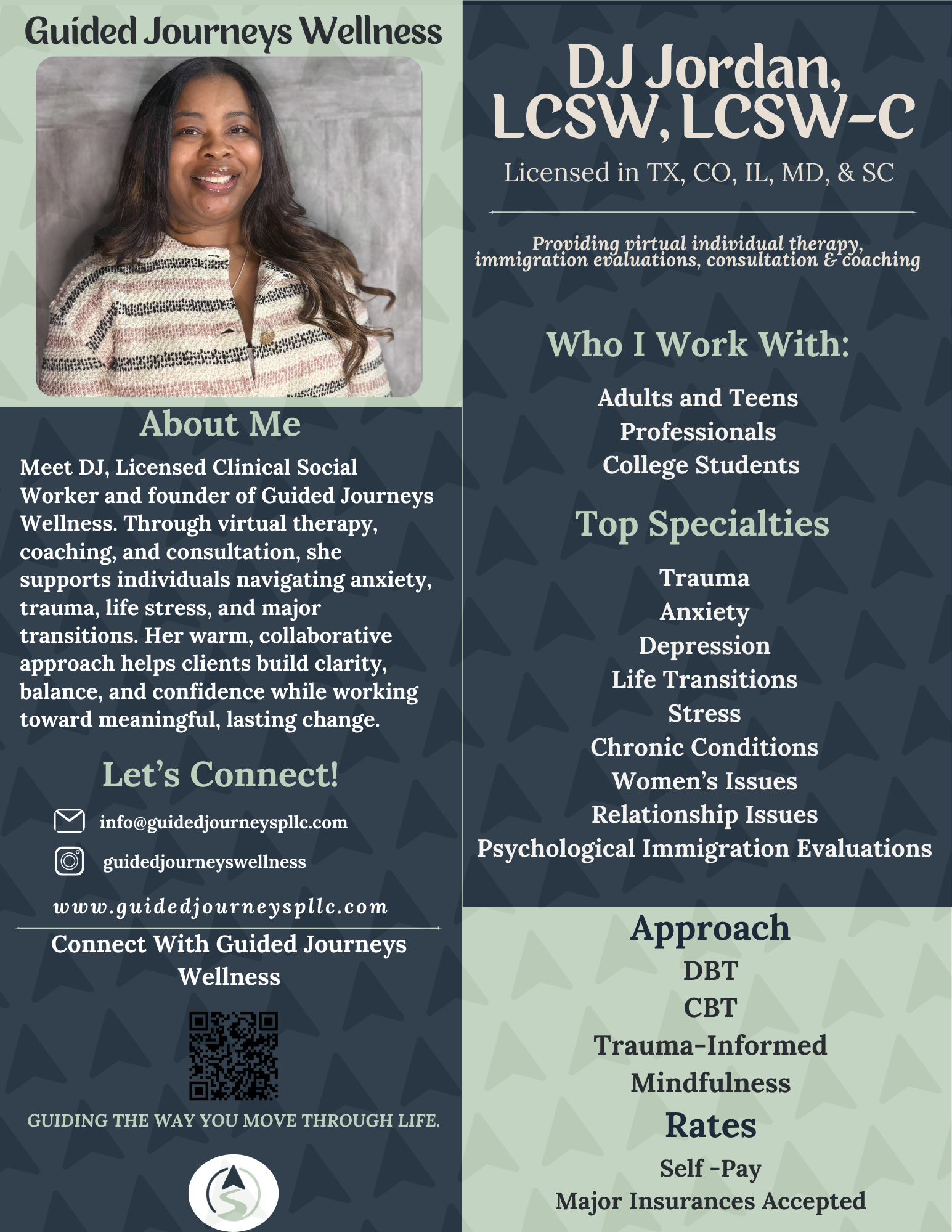 A digital flyer featuring DJ Jordan, a licensed clinical social worker, providing virtual therapy, coaching, and evaluations. The flyer includes her photo, contact information, and details about her specialties and approach, with a background of dark blue and green star patterns.
