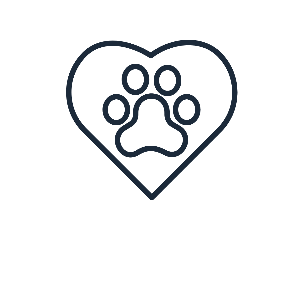 A black outline of a heart with a paw print inside it.