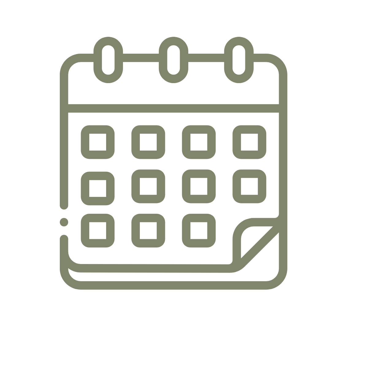 Line drawing of a calendar with a spiral binding at the top and a corner turned down on the bottom right.
