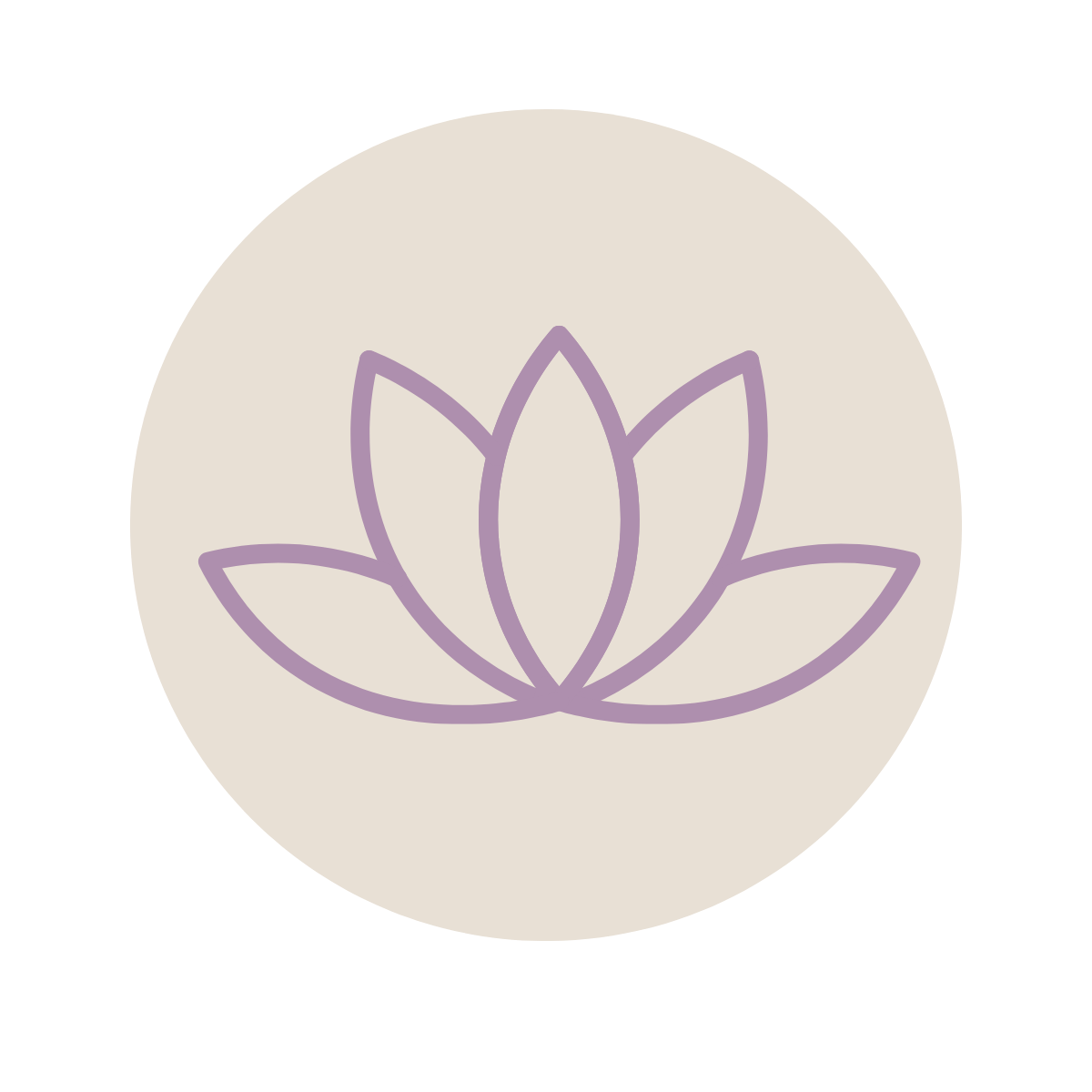 Minimalist purple line drawing of a lotus flower on a cream circular background.