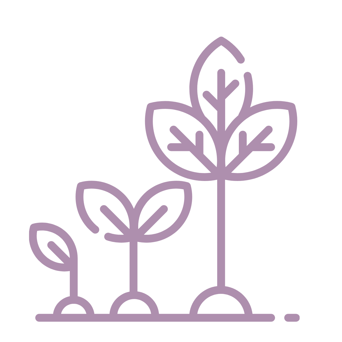 Outline illustration of three growing plants with purple leaves varying in size.
