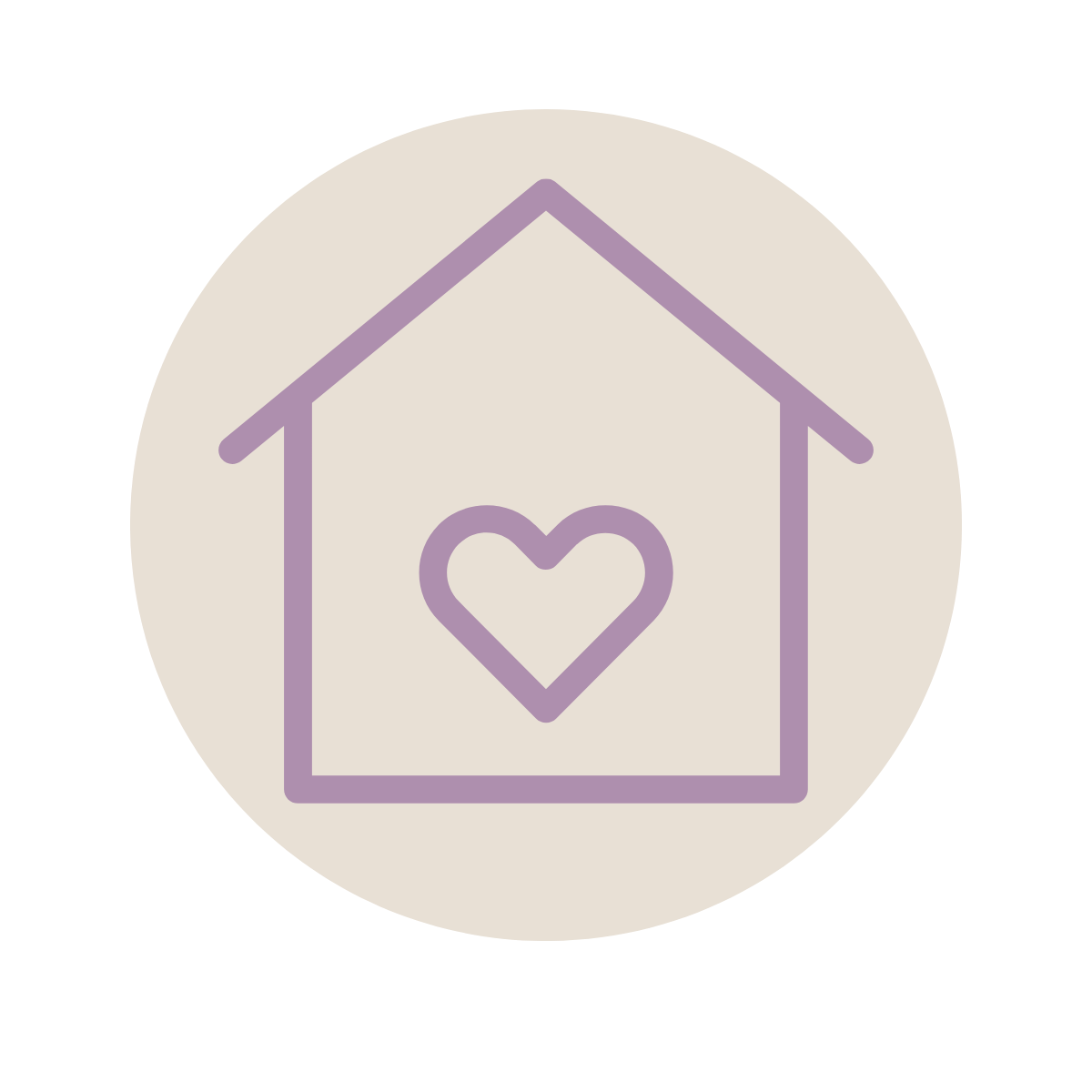 Line drawing of a house with a heart inside, within a circular background.