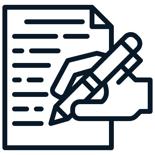 Icon of a document with lines of text and a hand holding a pen writing on the document.
