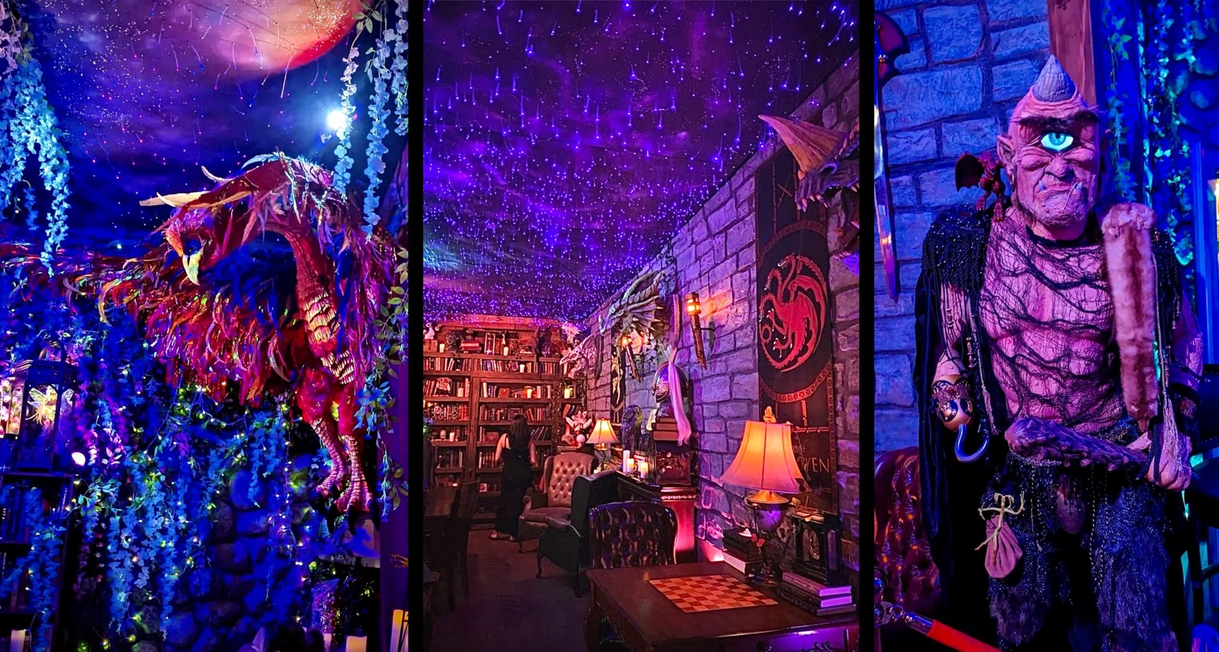 Mythical creature displays and scenes from Elixir's Boba Tea shop location.