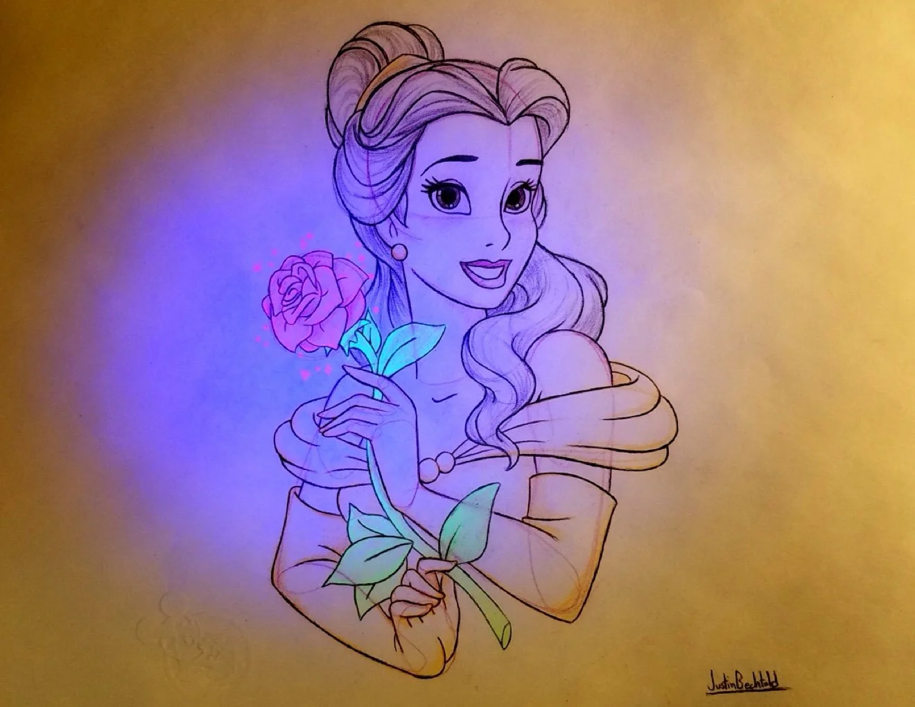 Belle with rose with blacklight reactive colored pencils