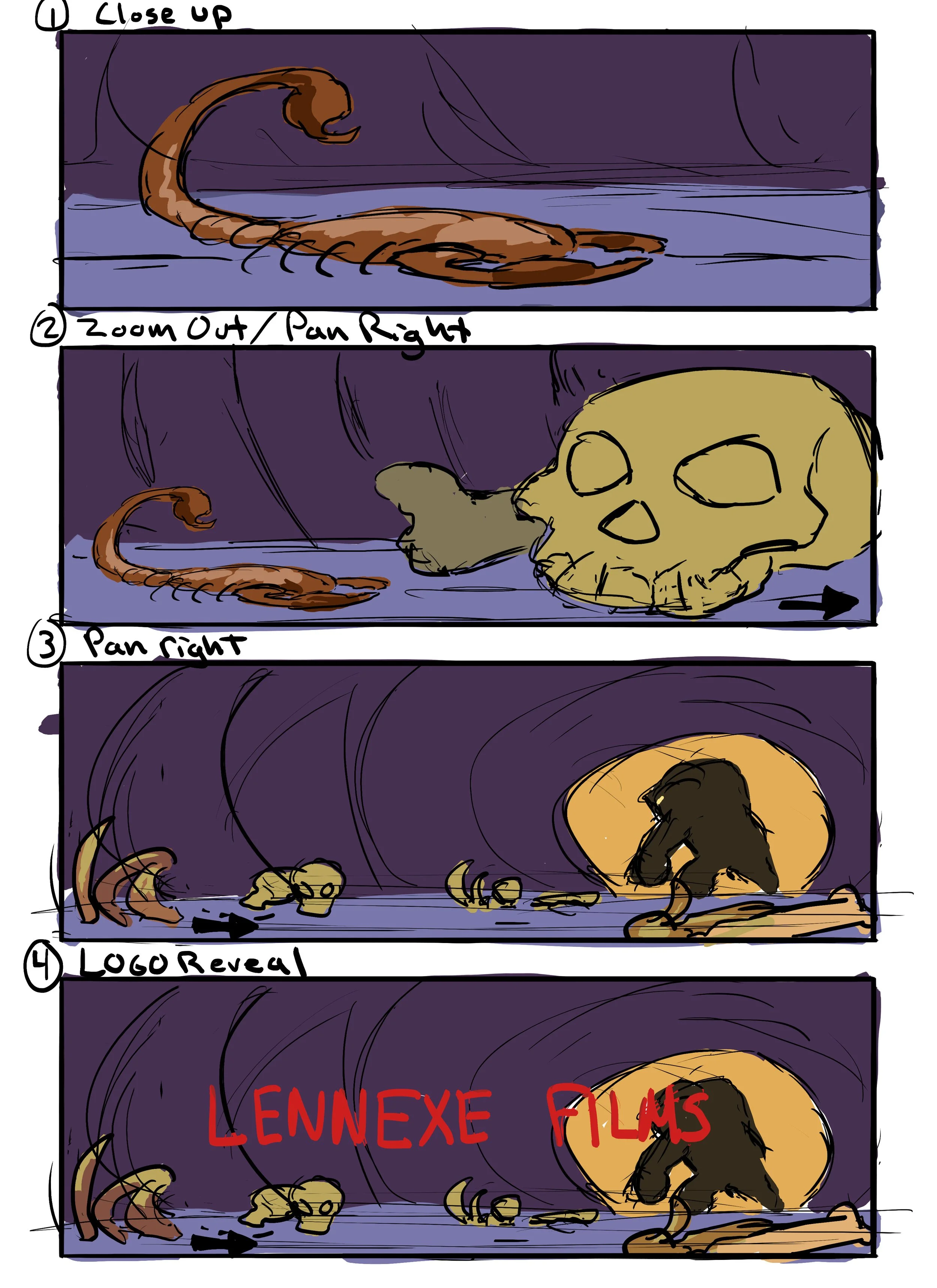 Storyboard rough: scorpion and skull reveal with Prey monster silhouette.