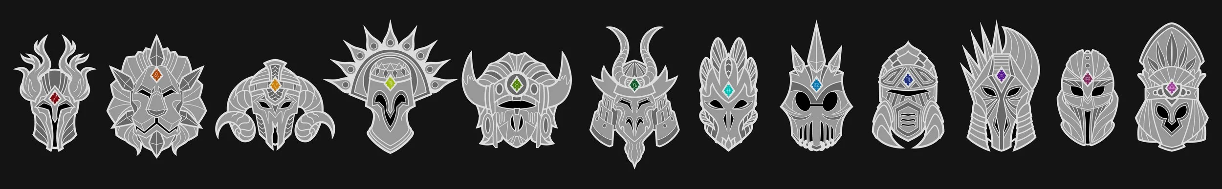 Helmet designs of the Zodiac constellation champions.