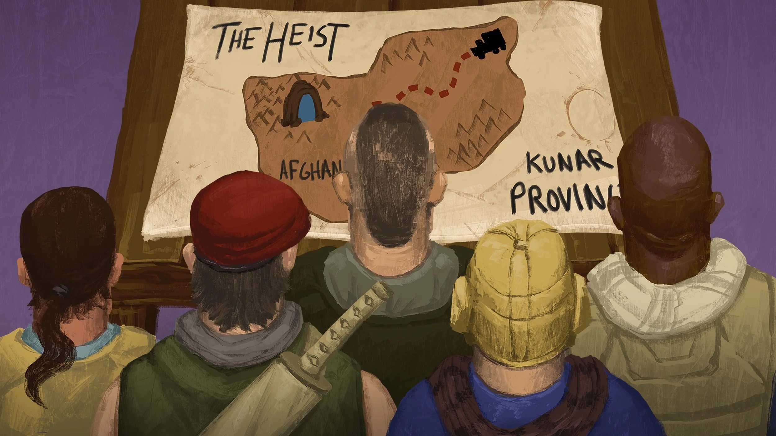 Credit sequence: Hero team looking at Heist map.