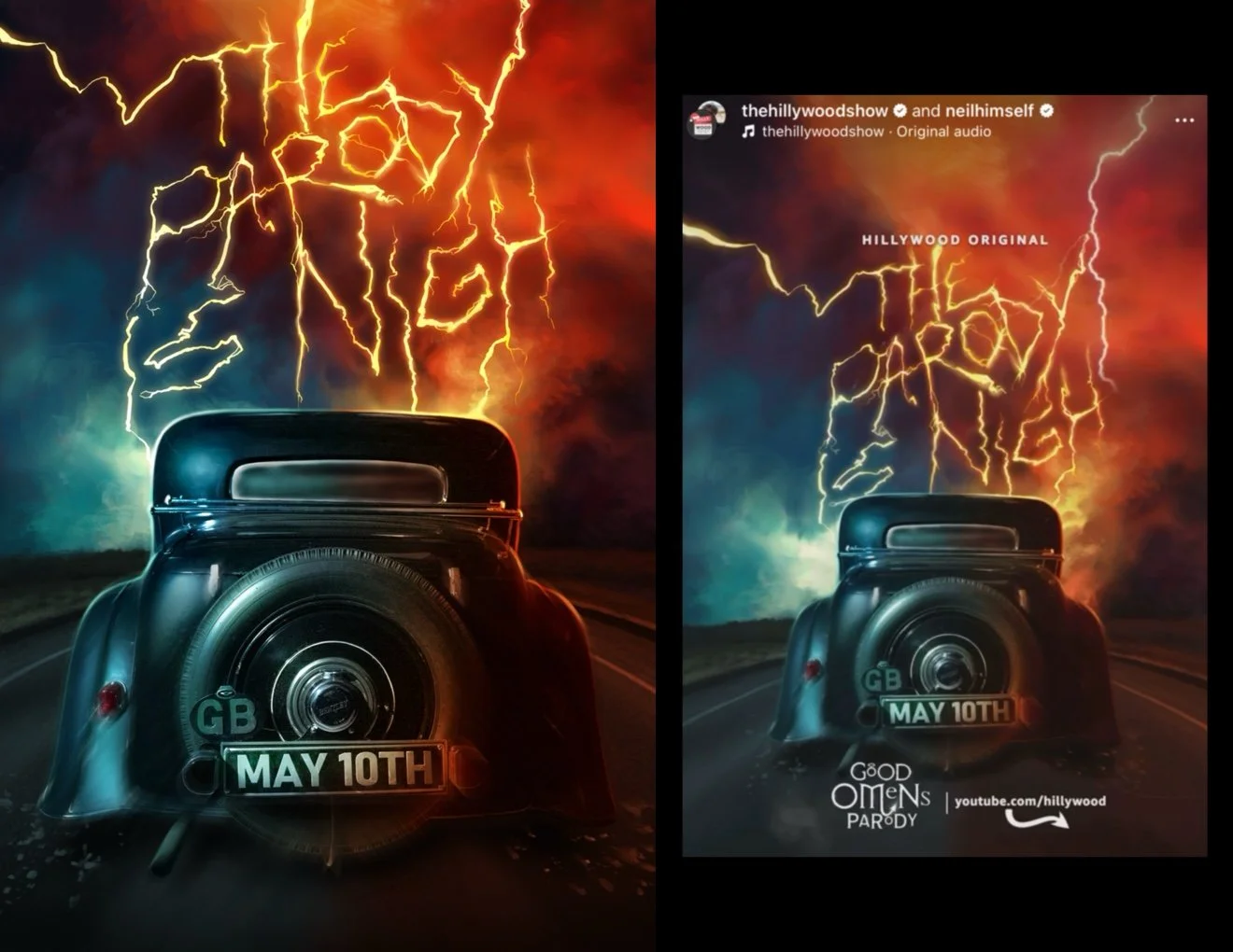 Good Omens Parody Promo Poster for Premiere Date. Car on the move with lightning striking.