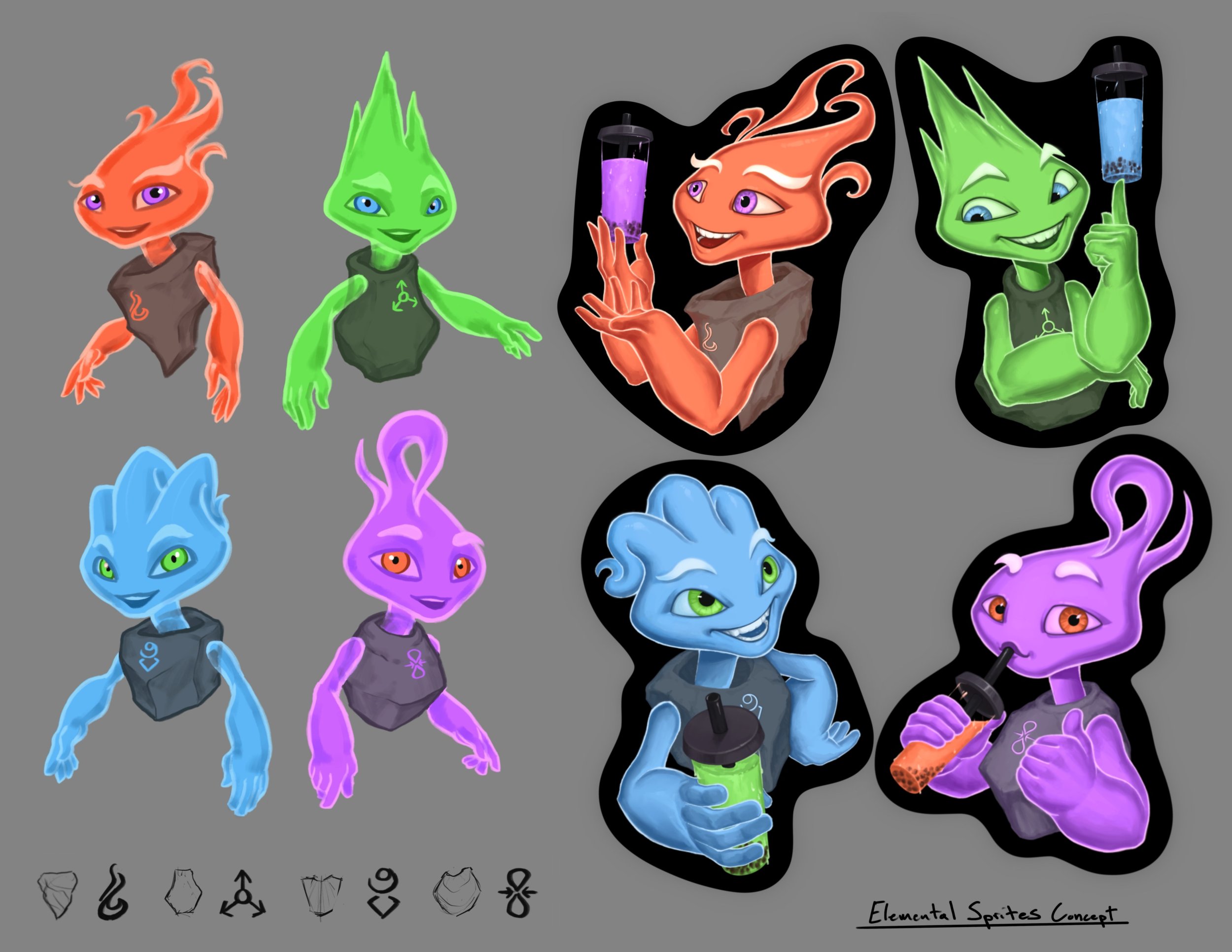Cute Elemental mascots. Concept design and final art.