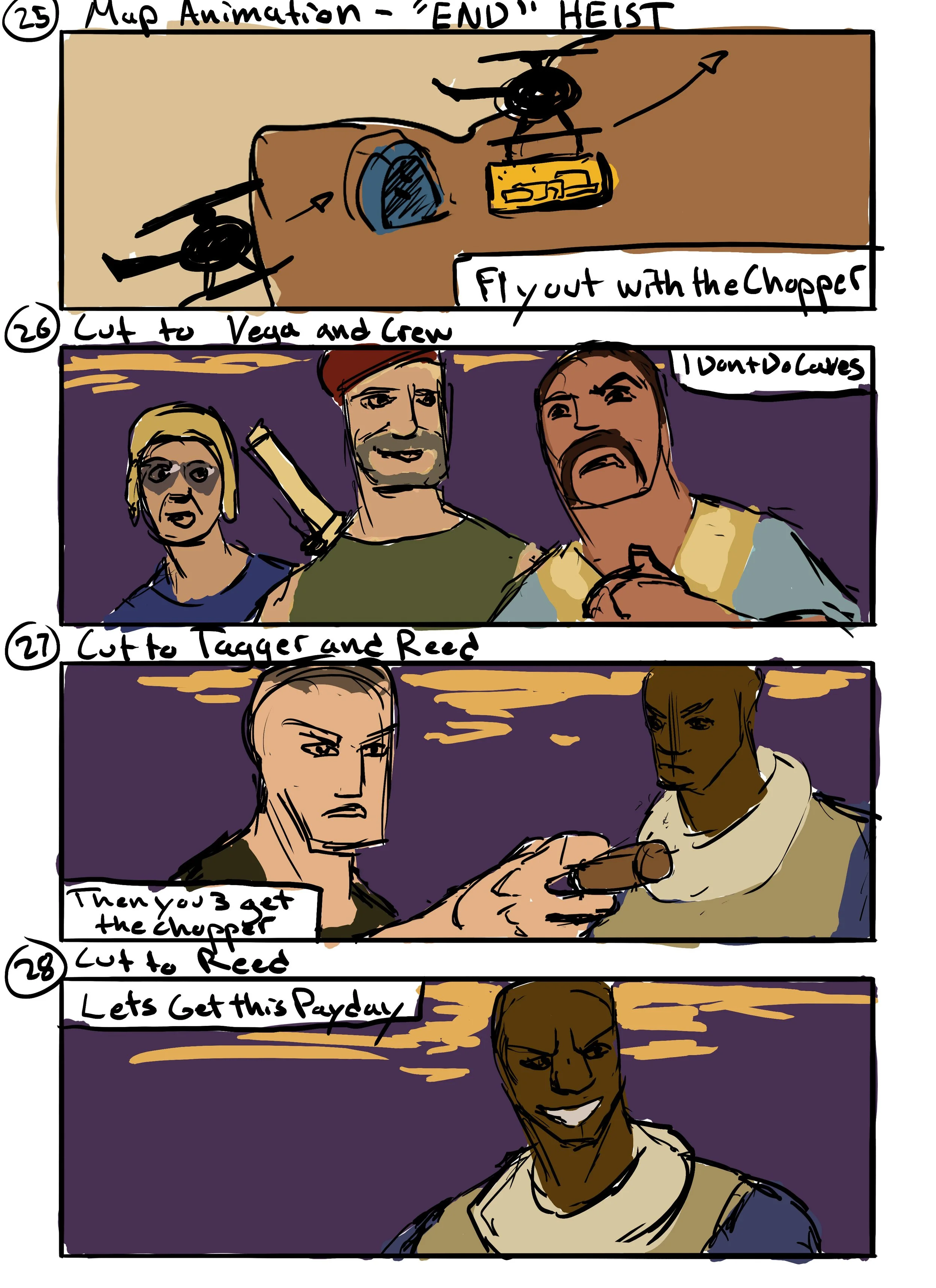 Storyboard rough: Hiding gold in cave. Danny Trejo no like cave. Excited for payday.