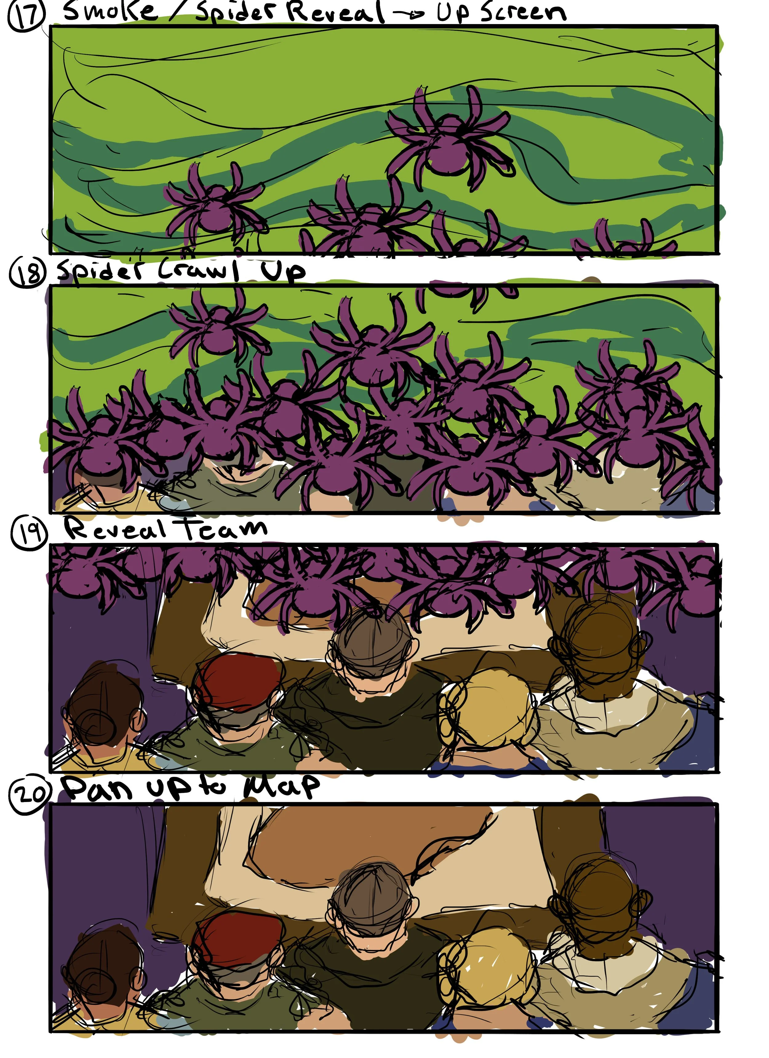 Storyboard rough: Cave spiders reveal Hero team planning out heist.