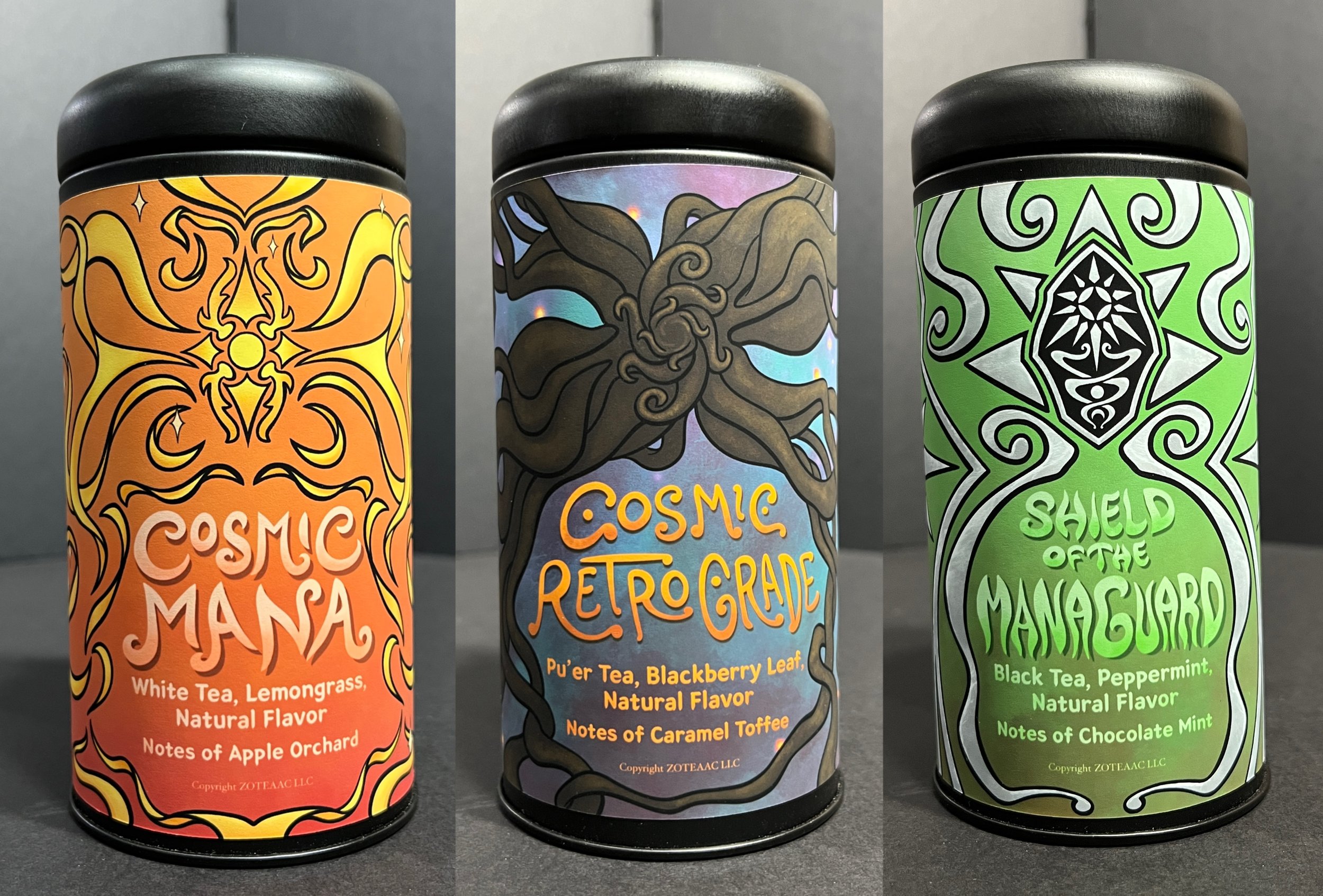 Tea tins with their artwork label.