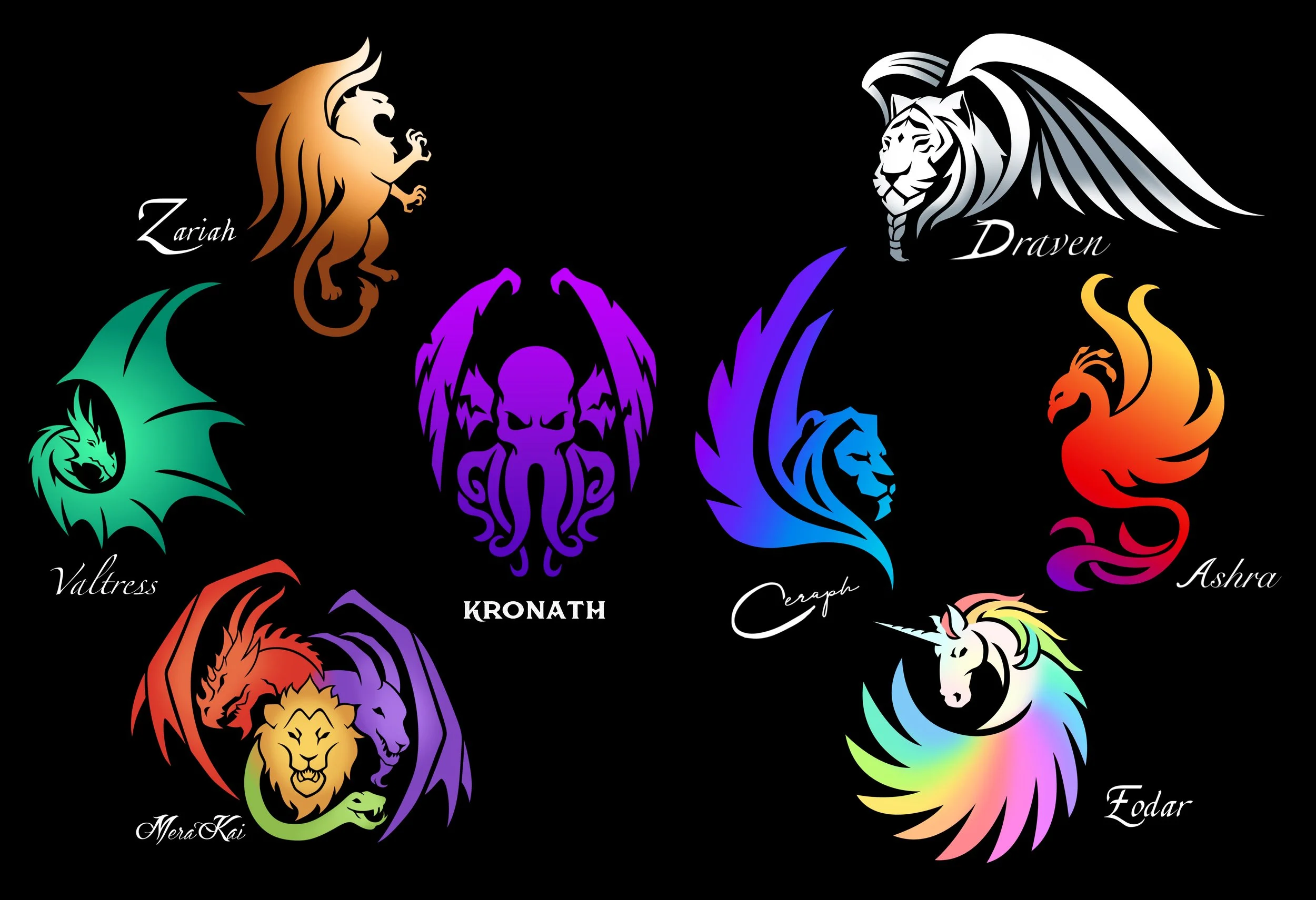 Logo designs of the character houses for Elixir's future Lore.