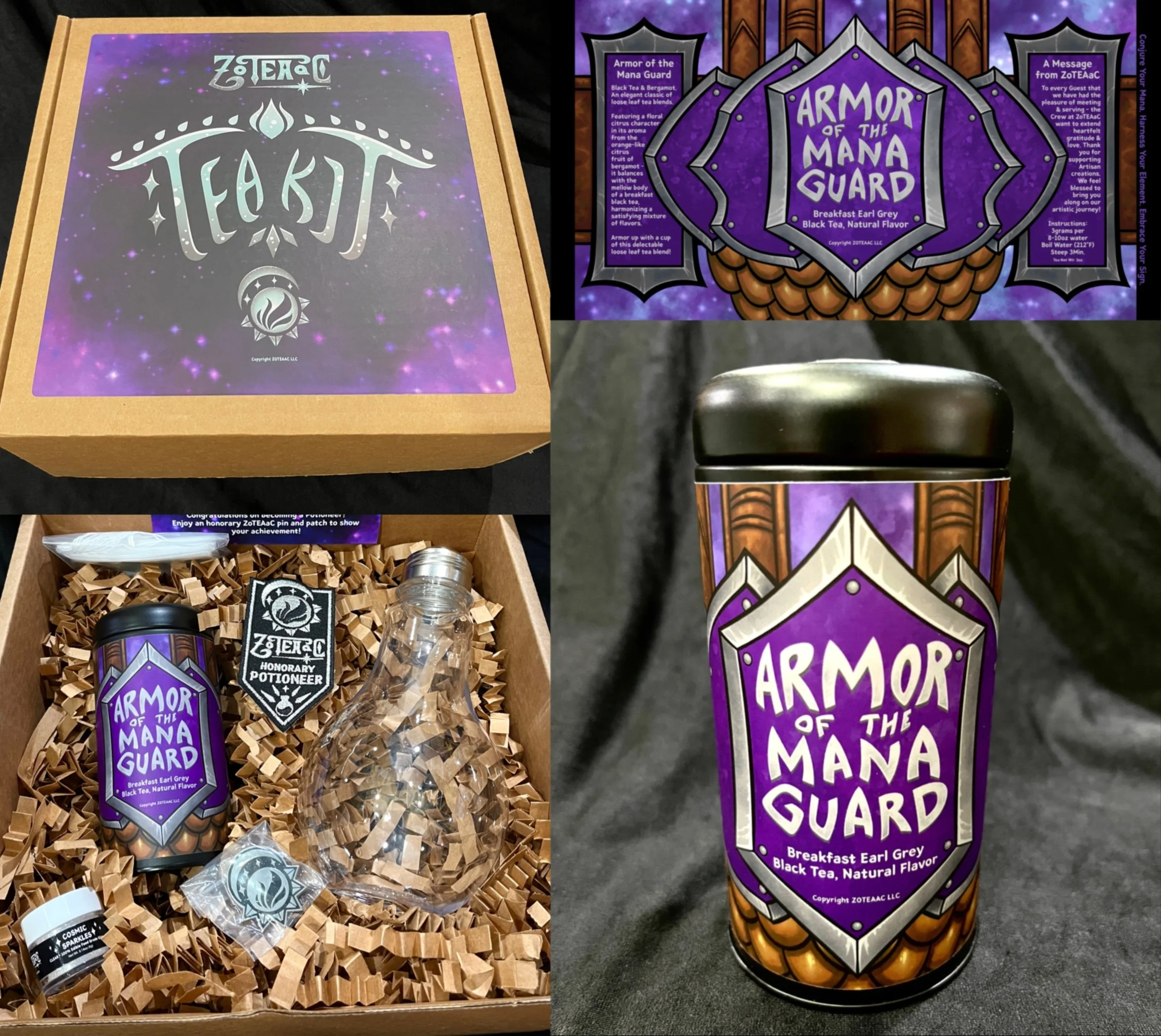 Tea Kit Box with all Tea Kit items displayed: tea tin, patch, enamel pin, potion bottle, edible sparkle dust, tea brewing bags. Closeup of Tea tin and artwork label of tea tin.