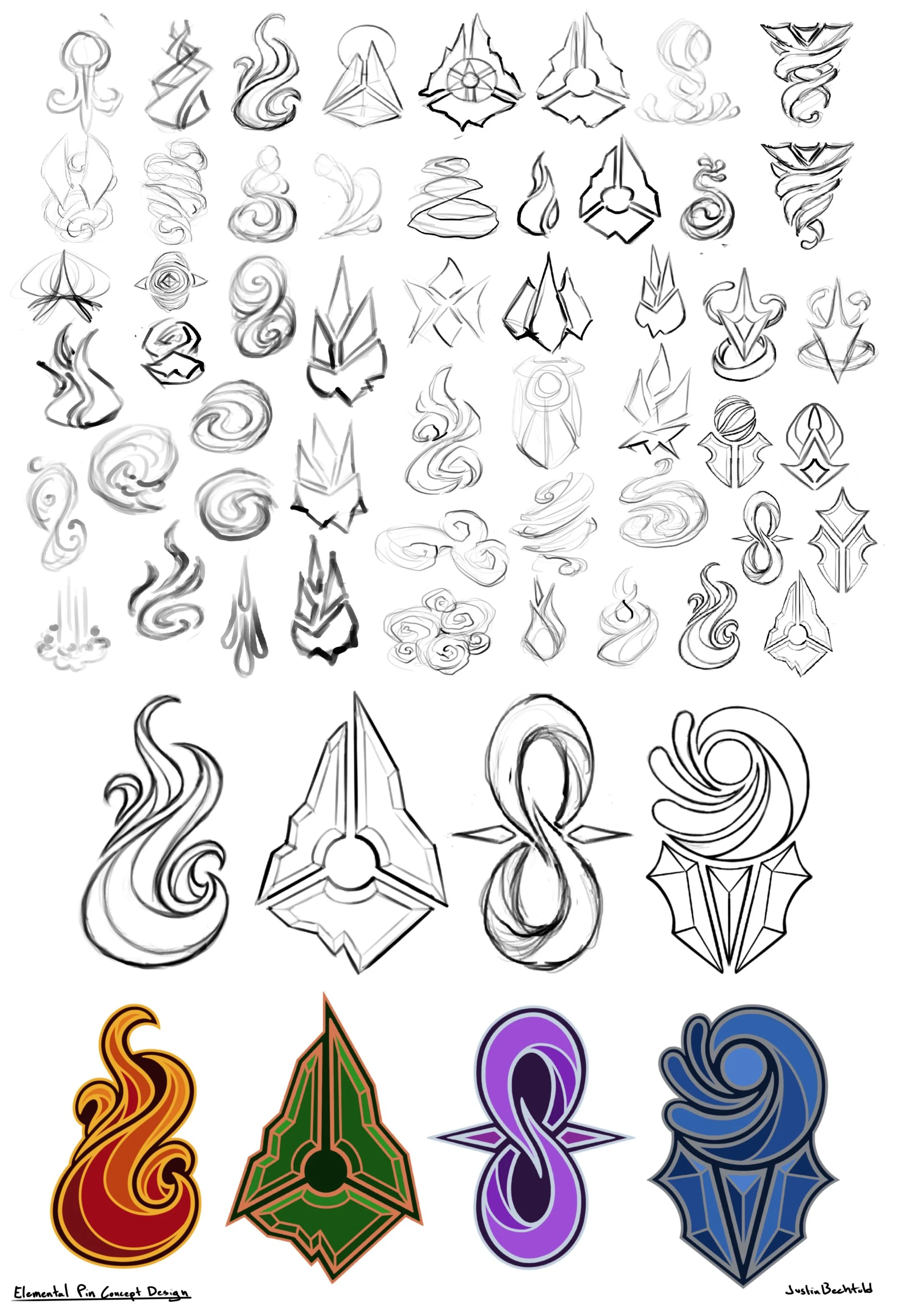 Elemental Enamel Pin sketches and process art. Sketch to final design.