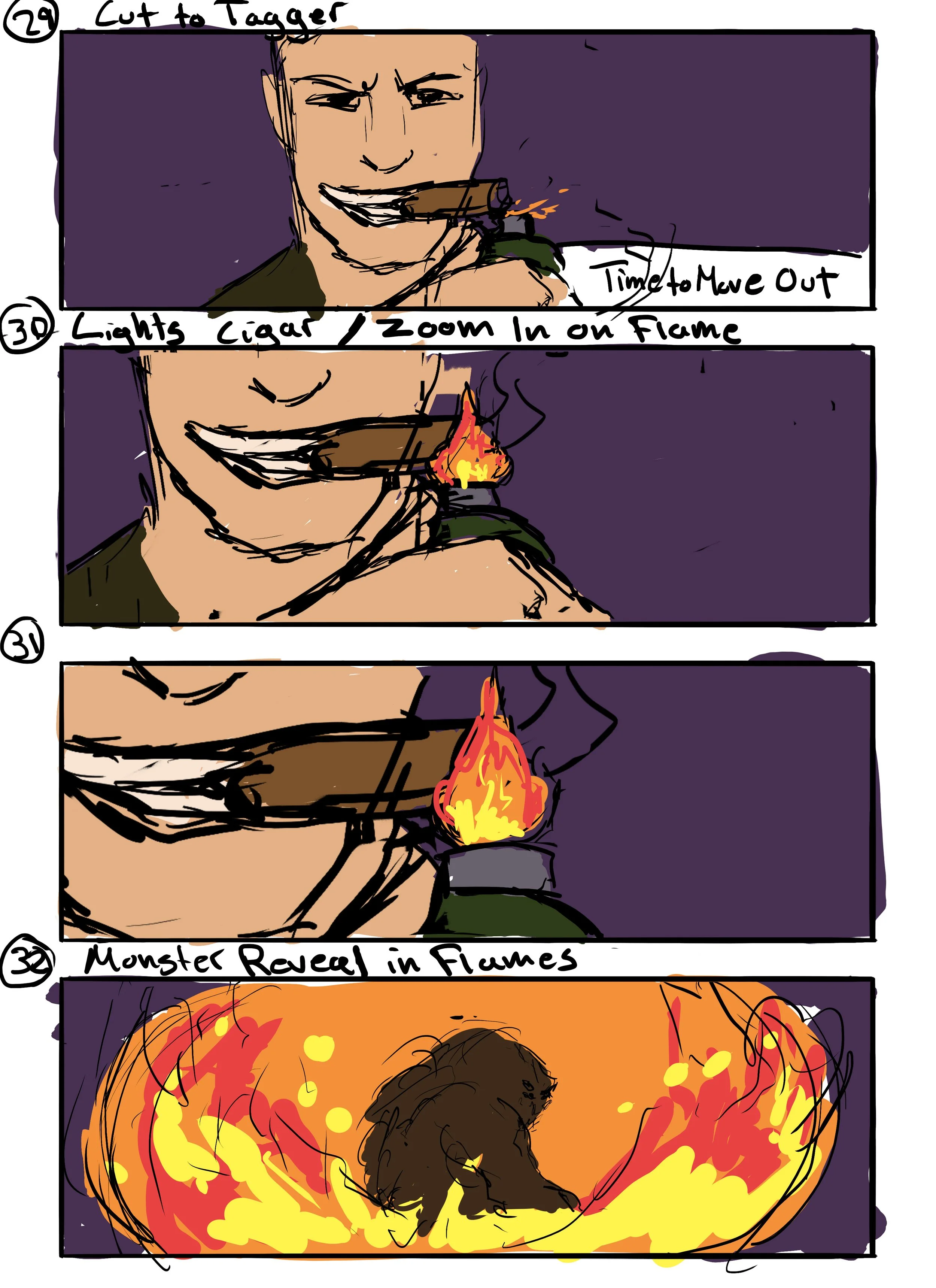 Storyboard rough: Nick Chinlund leads team.  Zoom to flame with silhouette of monster.