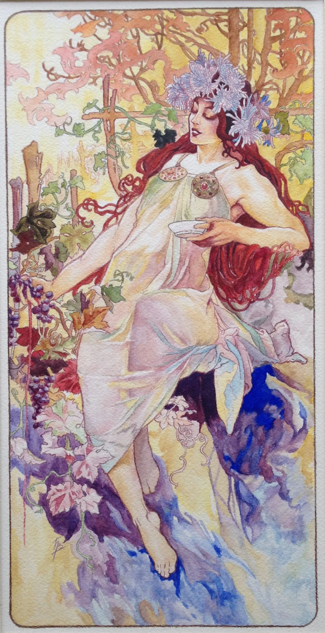 Watercolor and colored pencil Master Copy of Alphonse Mucha's Autumn