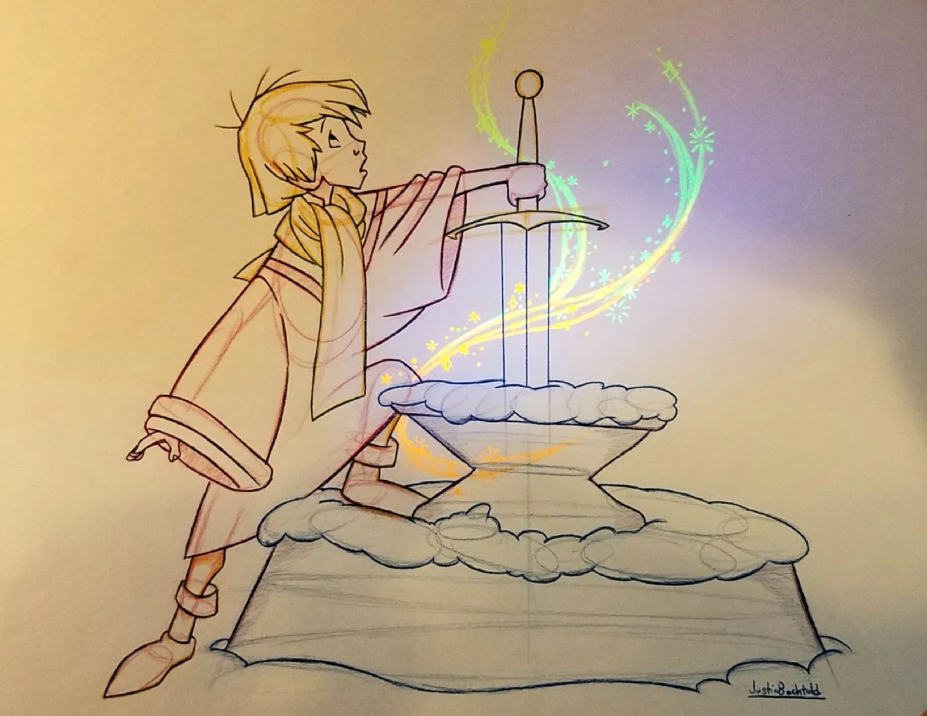 Sword in the Stone sketch with blacklight reactive colored pencil