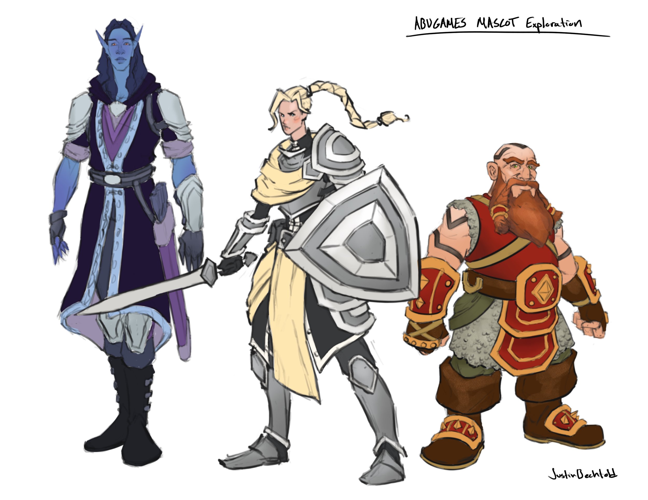 Concept Art exploration for ABU Games Mascots. Paladin, Dwarf, and Elf.