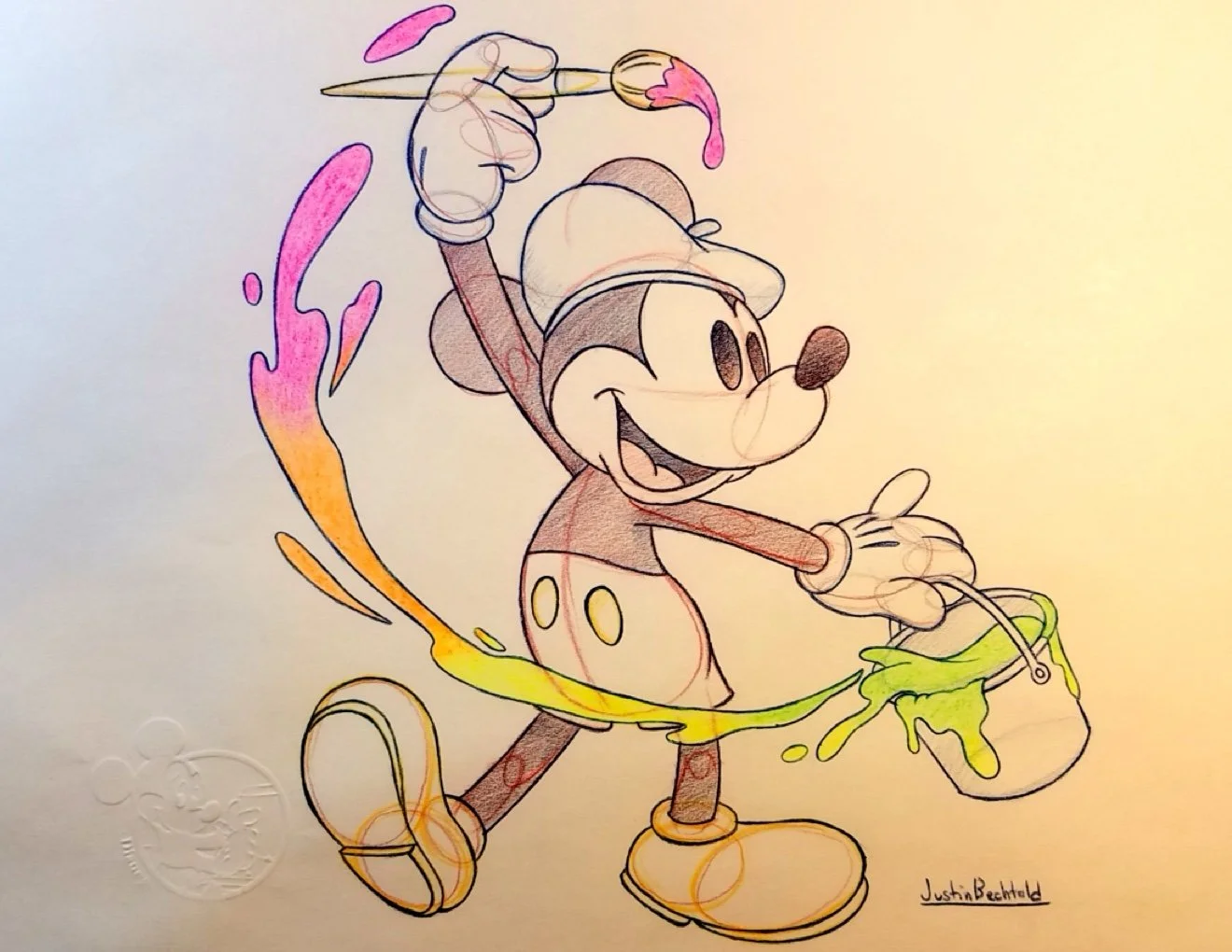 Mickey Mouse sketch with paint bucket.