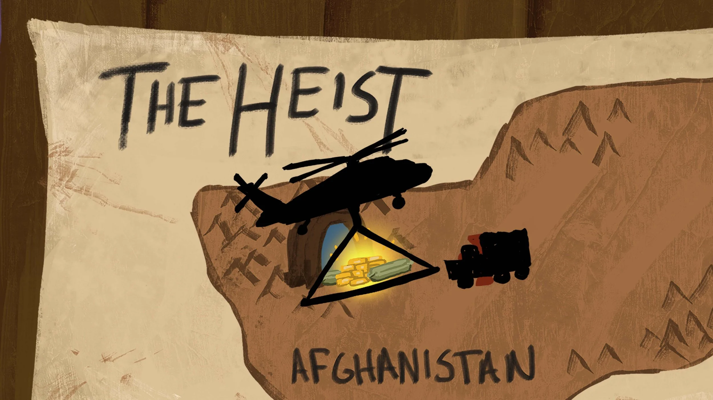 Credit sequence: Heist map animation of taking gold to cave and airlifting it out.