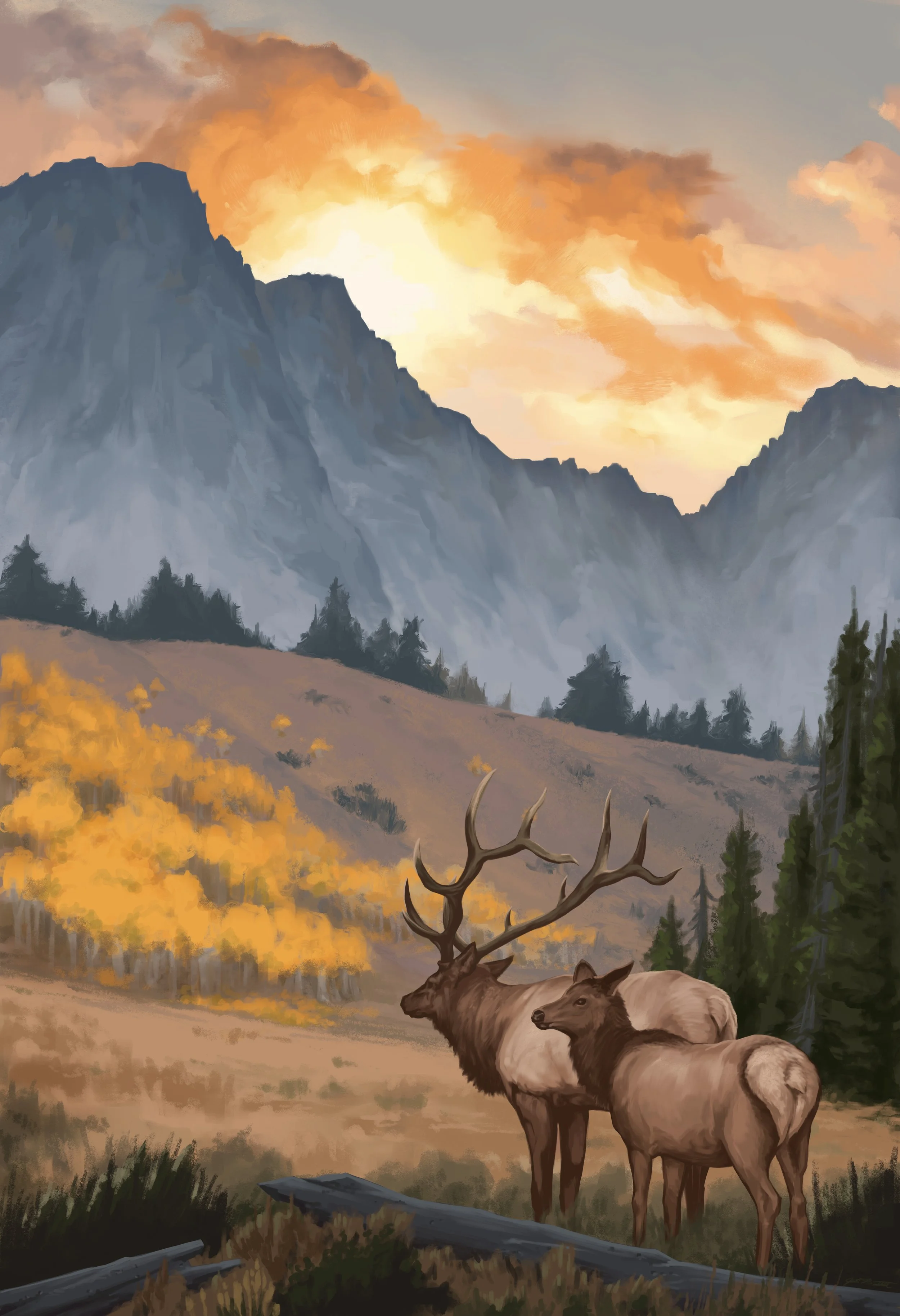 Nature landscape painting with Elk, commission