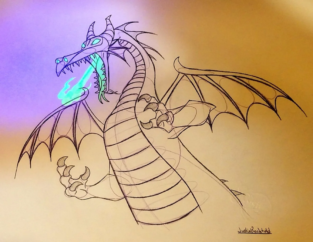 Maleficent Dragon sketch with blacklight reactive colored pencils