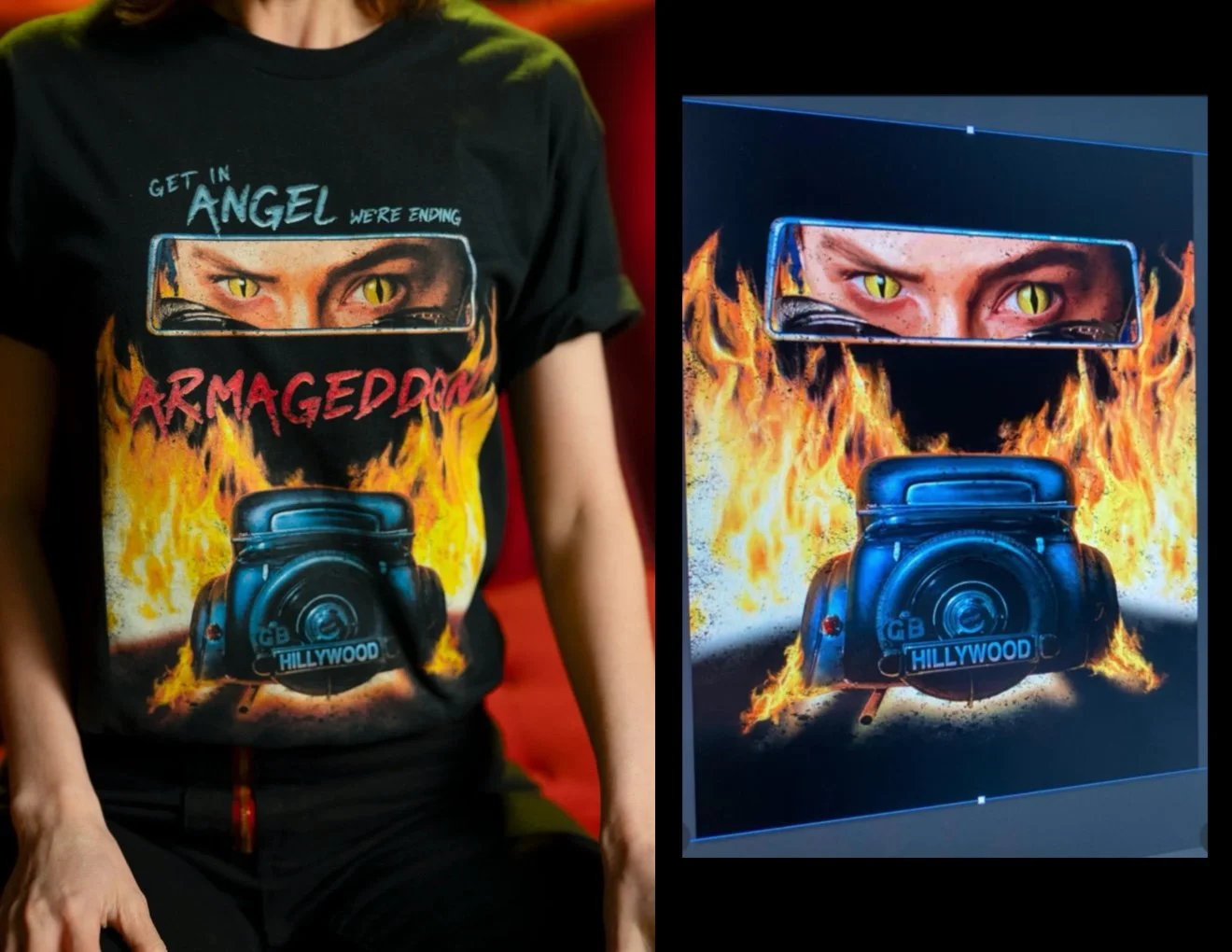 Good Omens Parody Merchandise Shirt design with Hilly's character looking through car window and driving car through the flames.
