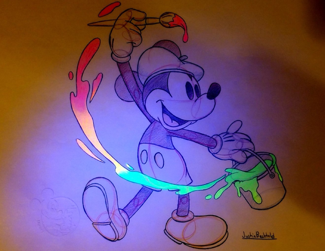 Mickey Mouse paint bucket sketch with blacklight reactive colored pencil