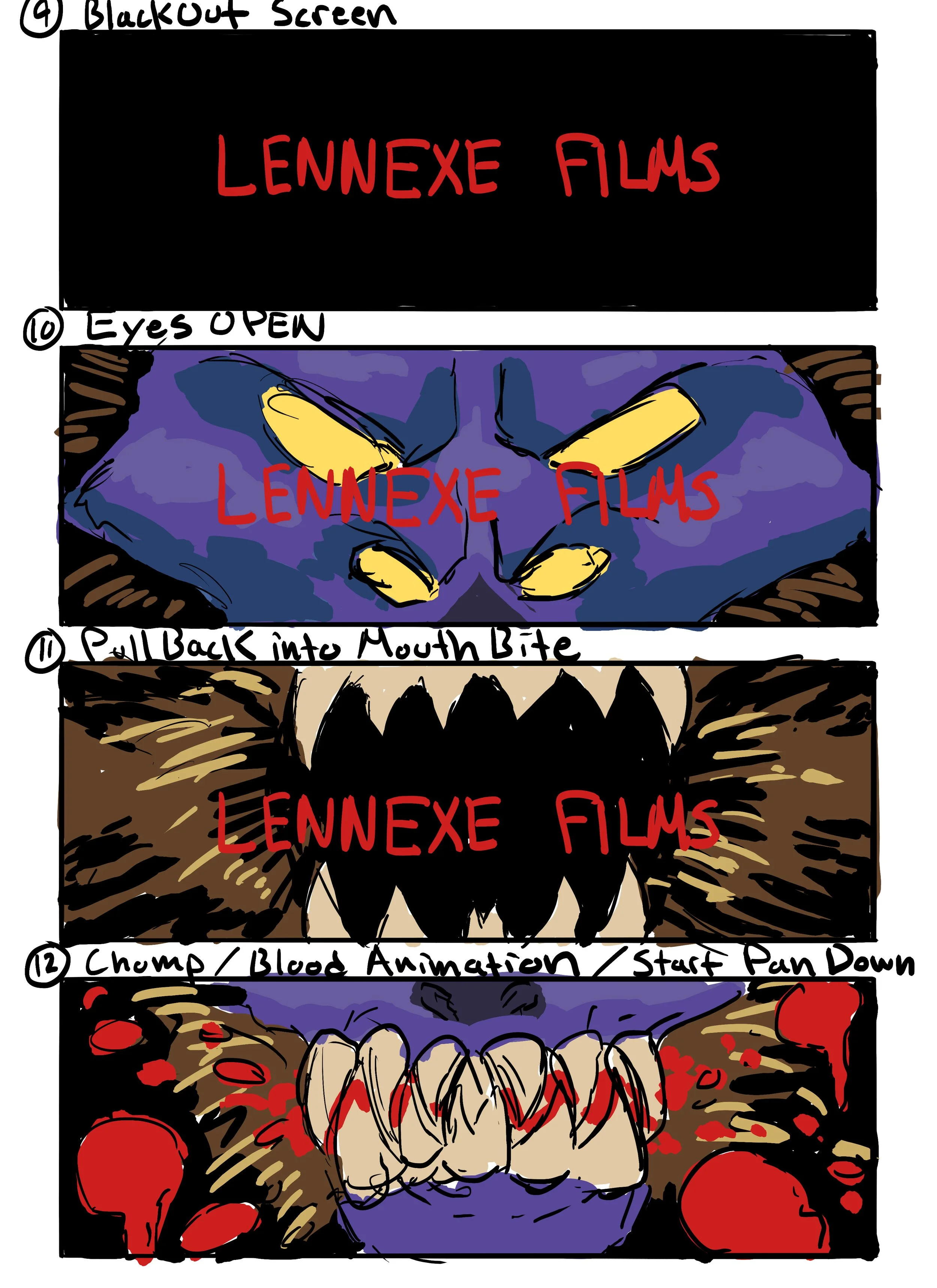 Storyboard rough: Prey monster closeup. Prey monster bites Lennexe Films logo.
