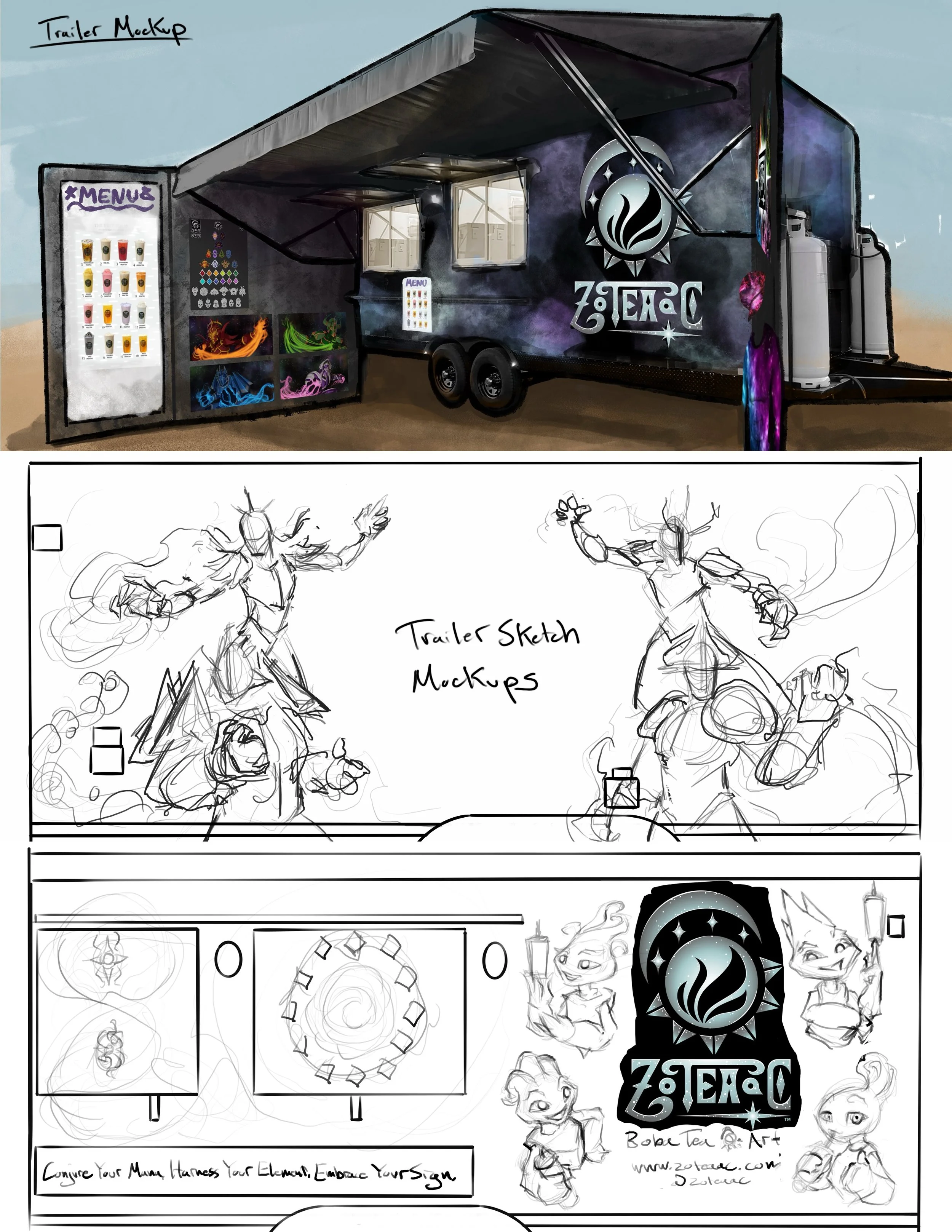 Mockup and sketches of the artwork on the trailer.