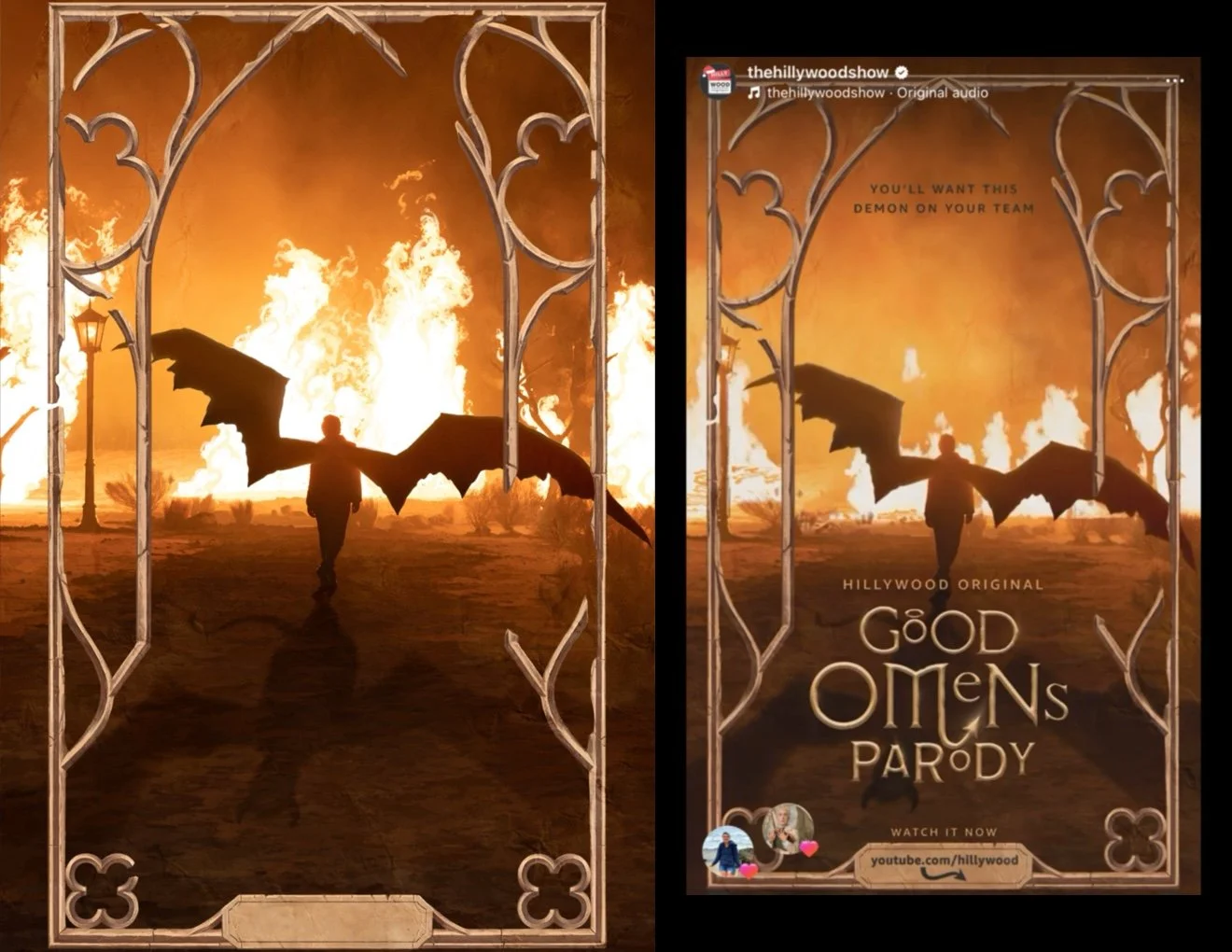 Good Omens Parody, Hilly's character in promo poster with elegant border design.