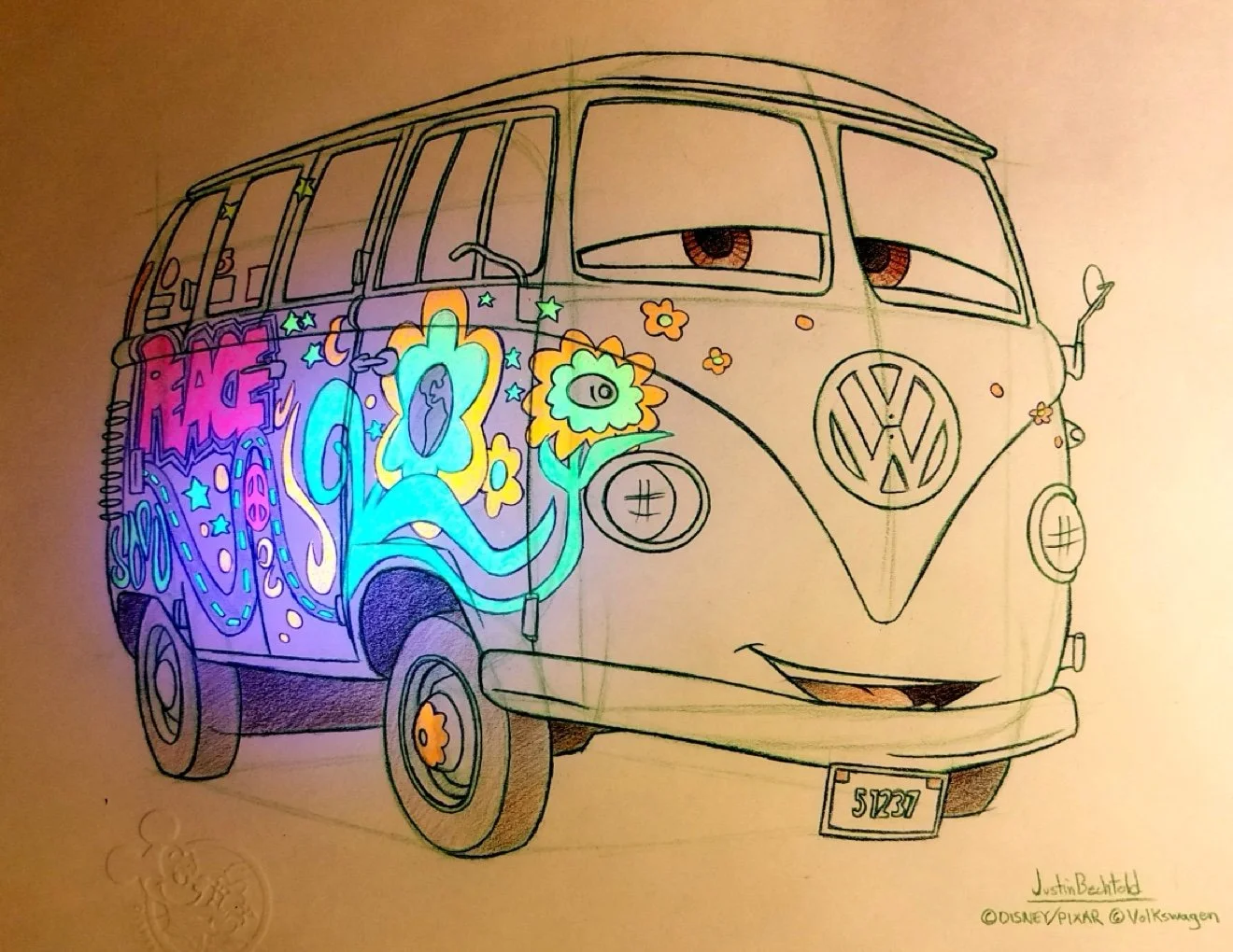 Filmore Cars sketch blacklight reactive colored pencil