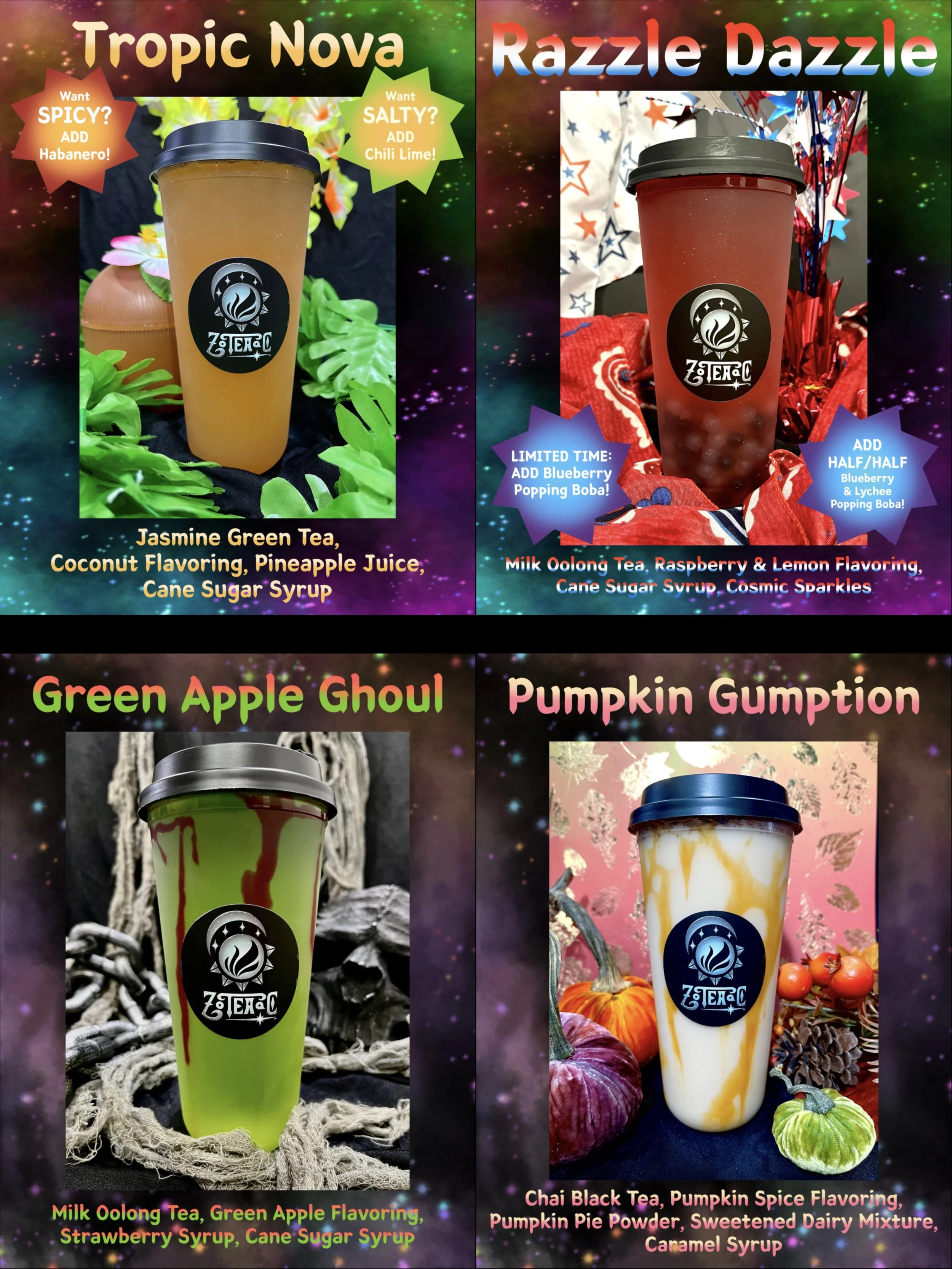 4 Boba Tea drinks on display off of the Seasonal/Holiday Menu.