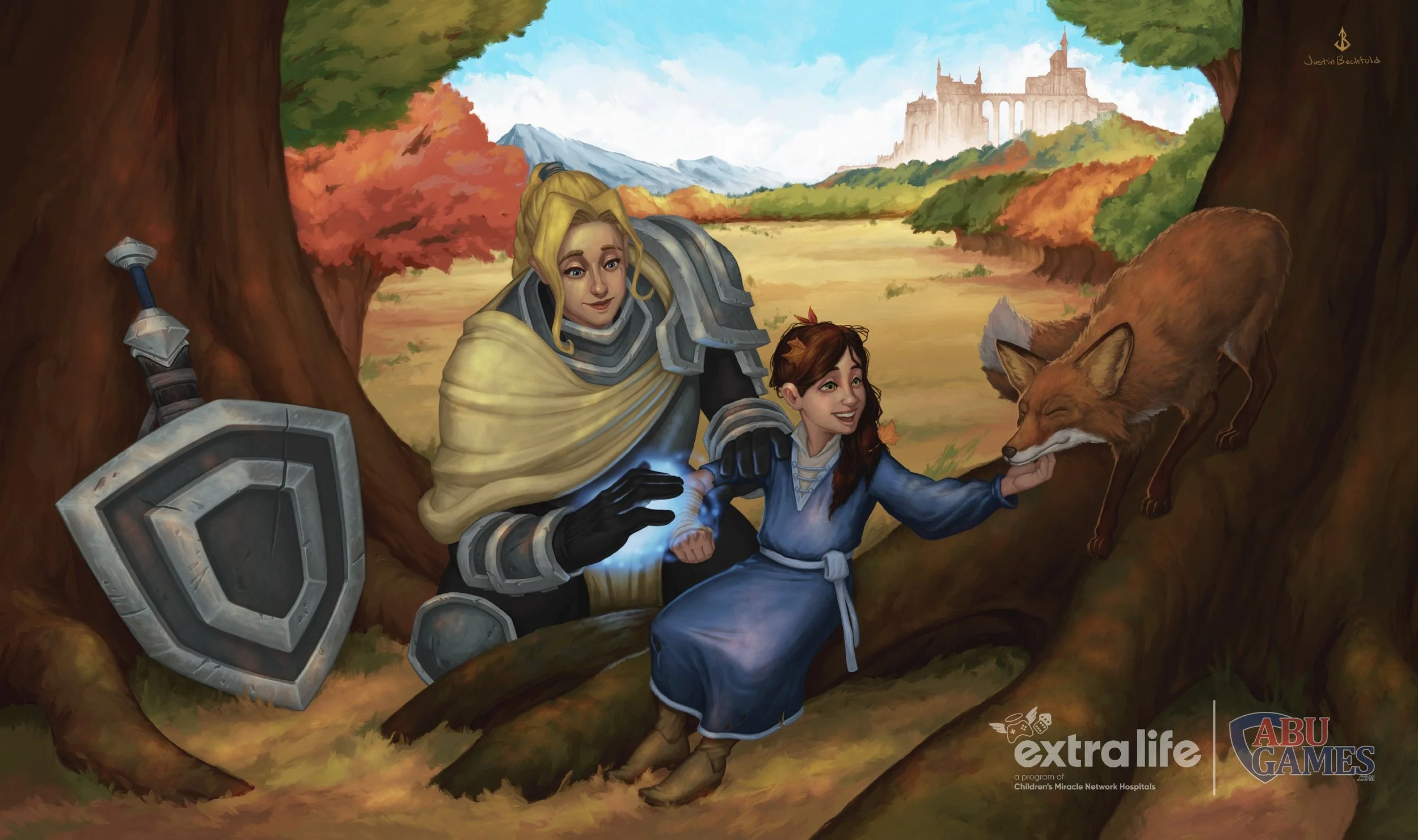 Illustration of Paladin mending a child's wound. Made for ExtraLife event and ABU Games and made into playmats.