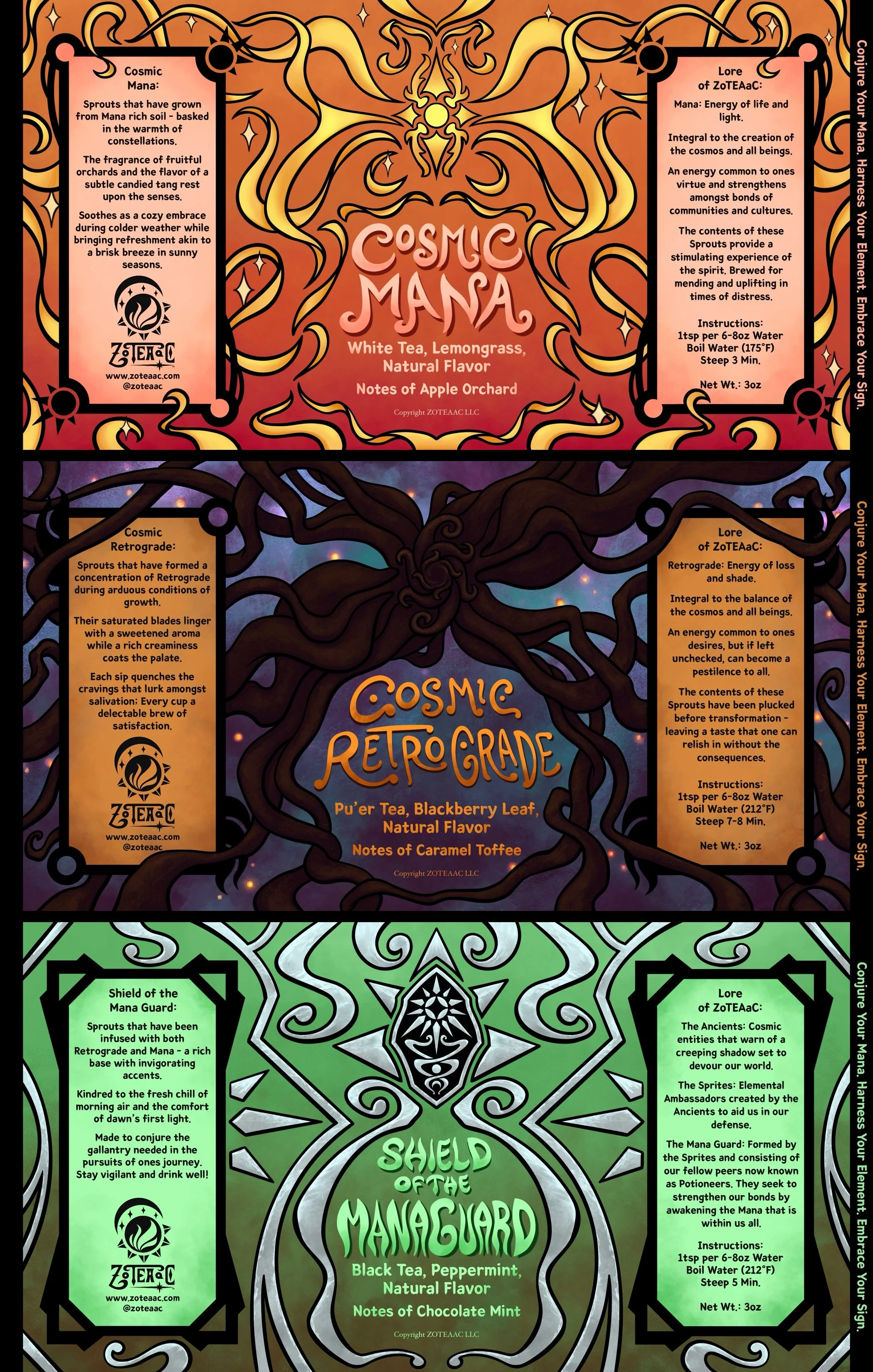 Artwork labels of the first ZOTEAAC Tea tins.