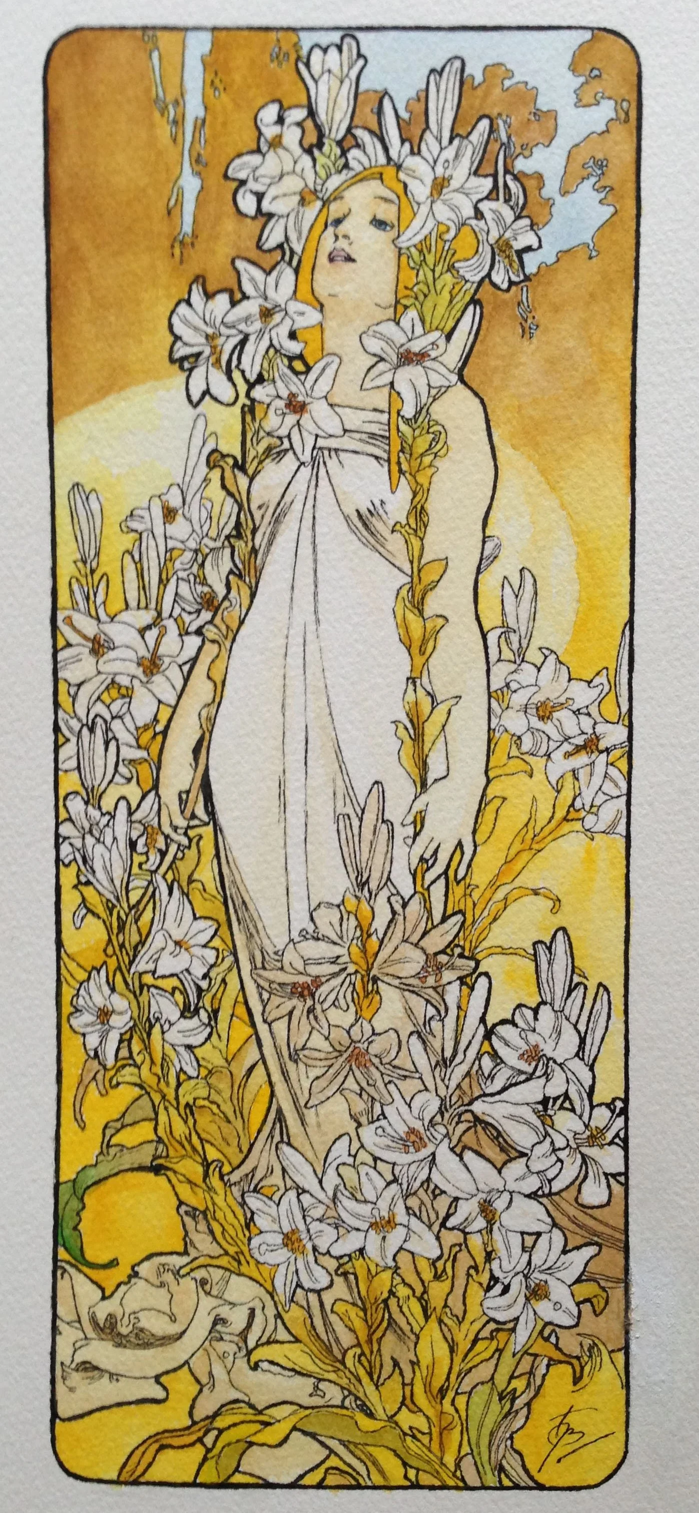 Watercolor and pen Master Copy of Alphonse Mucha's Lily