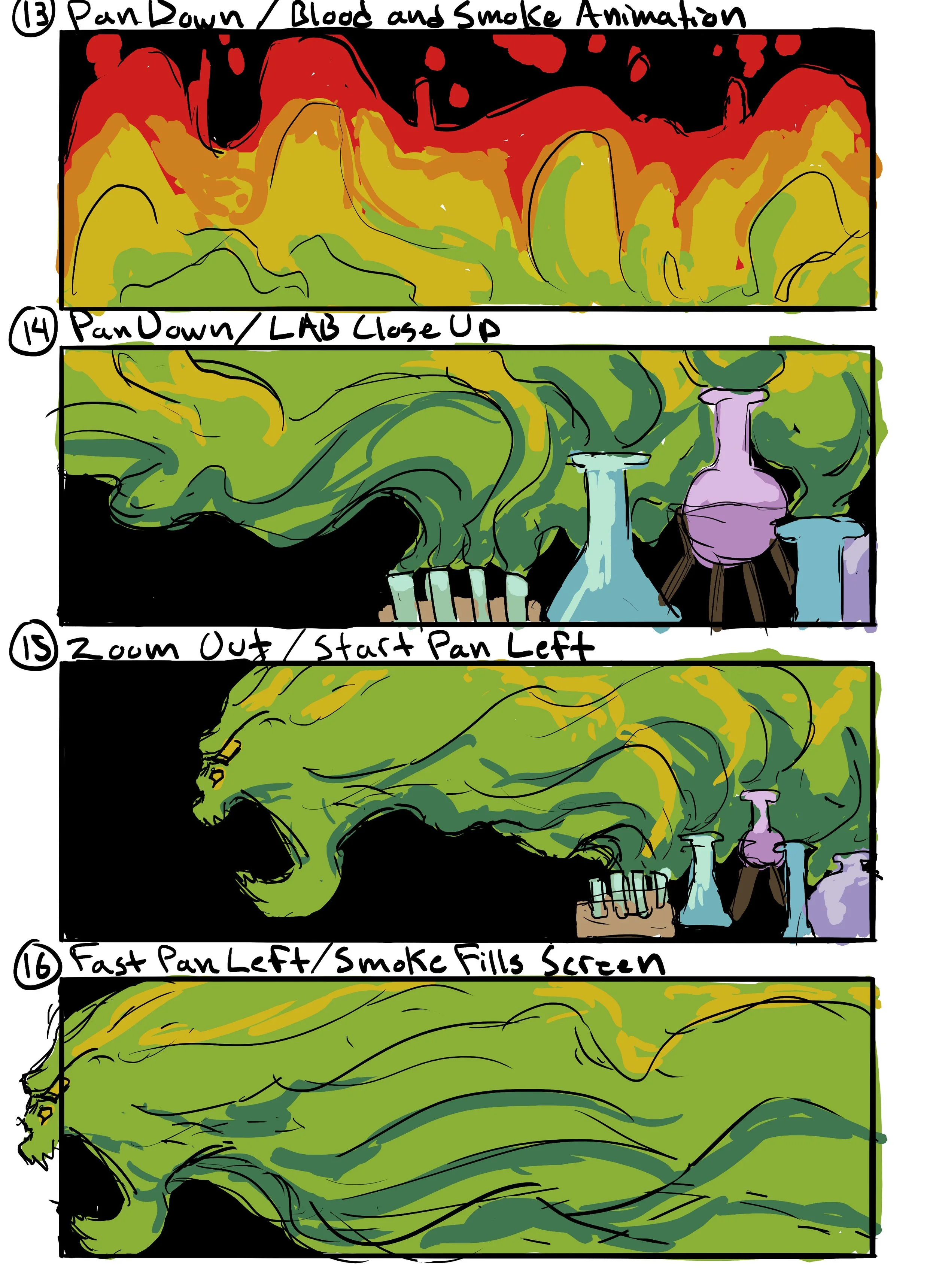Storyboard rough: Chemical lab with Prey silhouette gas cloud.