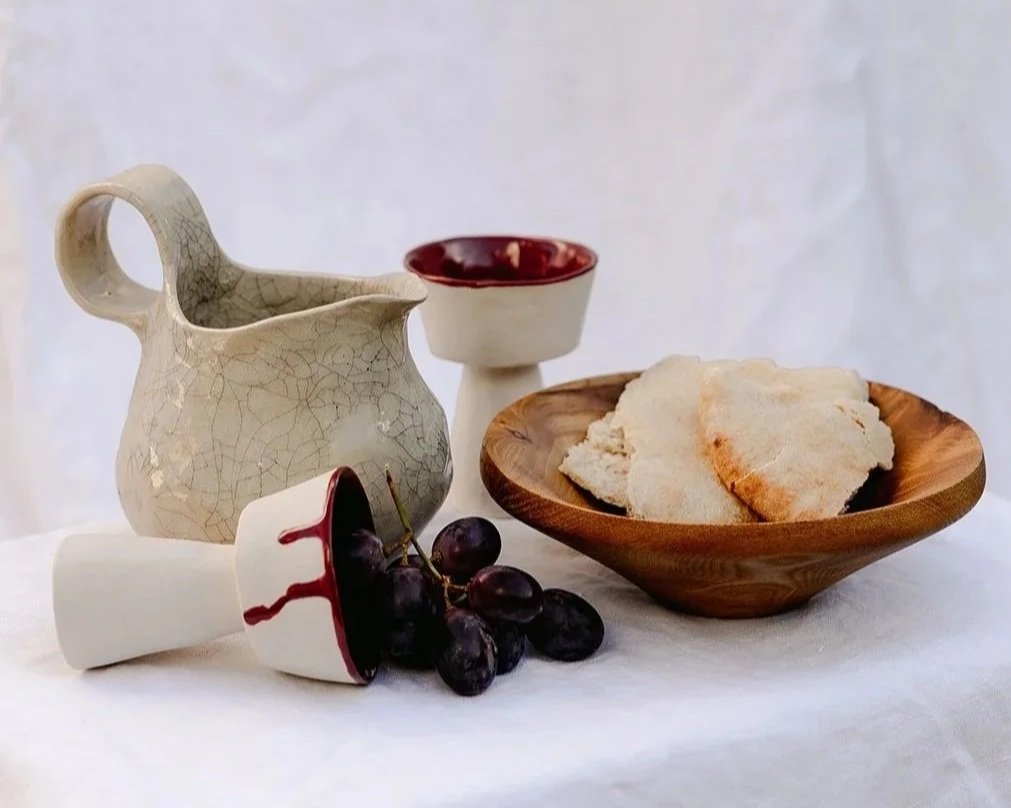 Handmade Communion set made with white stoneware and natural glaze on the wine jug and dark red on the cups for everyday rituals