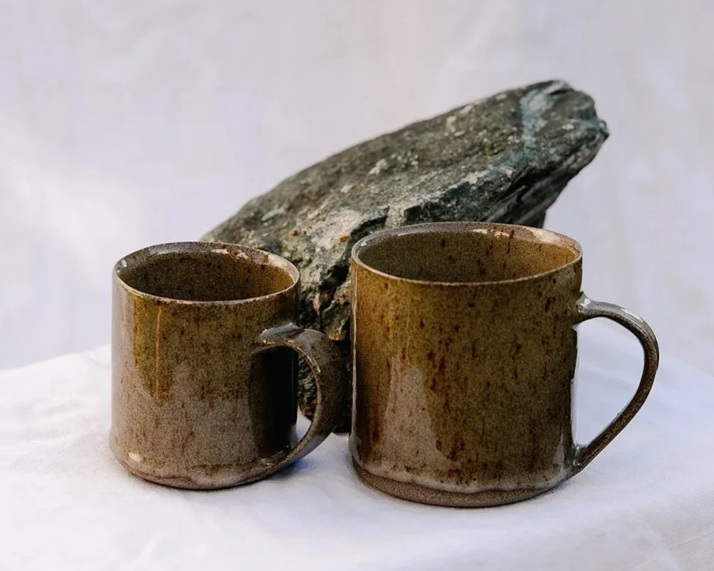 Functional ceramic cups hand build mugs with grey stoneware and transparent dripping glaze