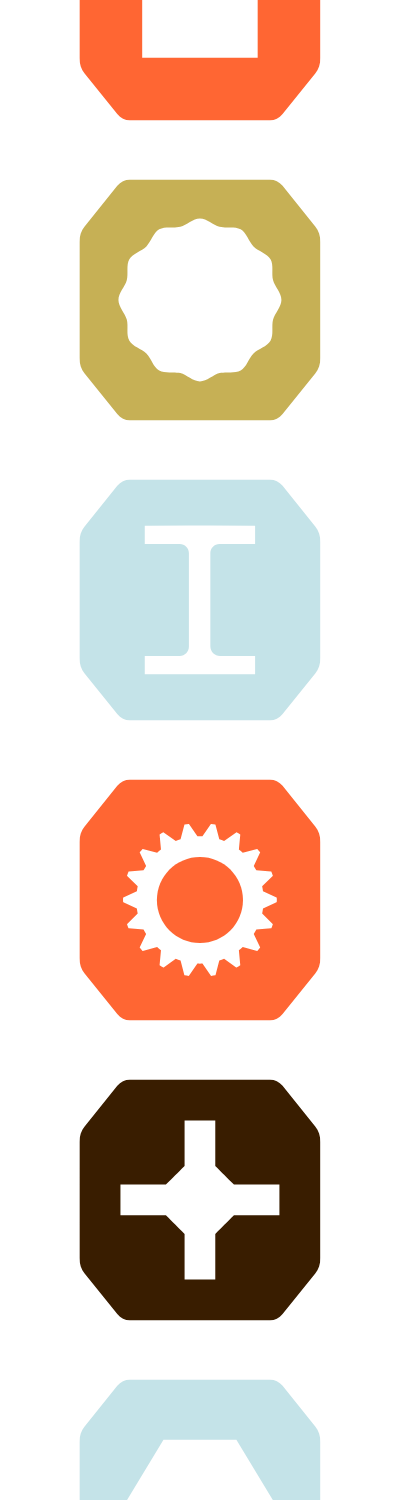 Five colorful industrial icons stacked vertically, including light blue, orange, yellow, brown, and light blue colors.