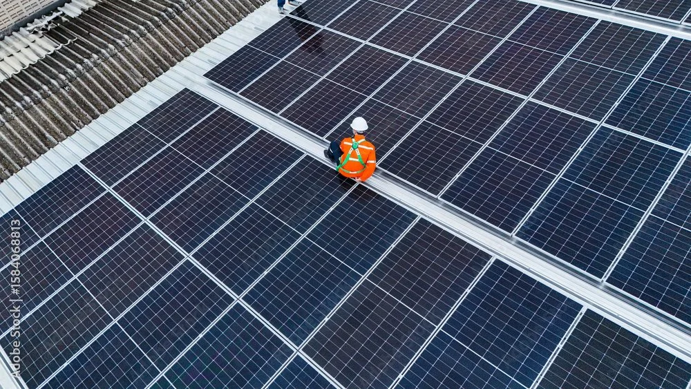 A worker wearing an orange safety vest and white helmet sitting on a metal roof with extensive solar panels installed.
