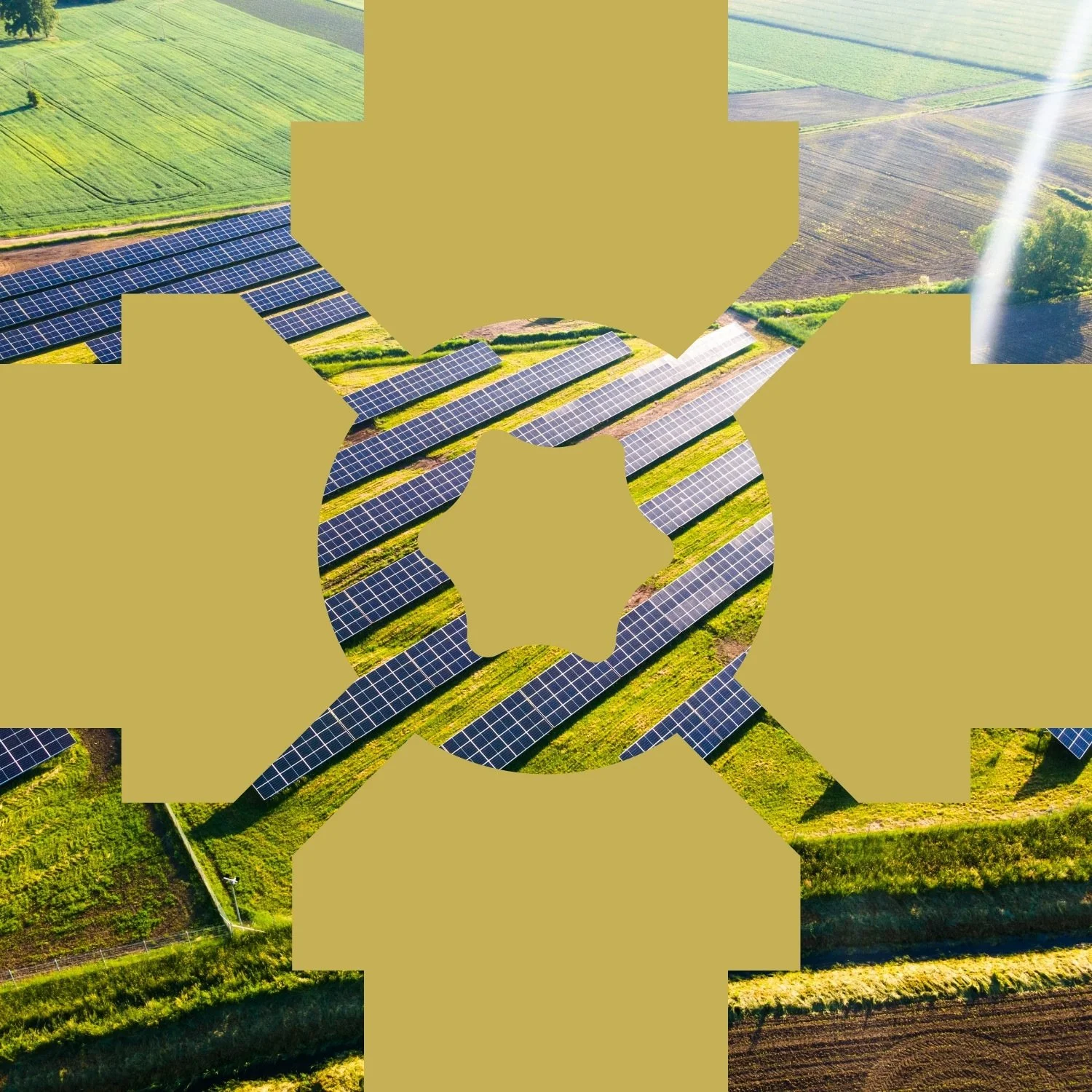 T-slot graphic with an aerial view of a solar farm with multiple solar panels aligned in rows with a green overlay.